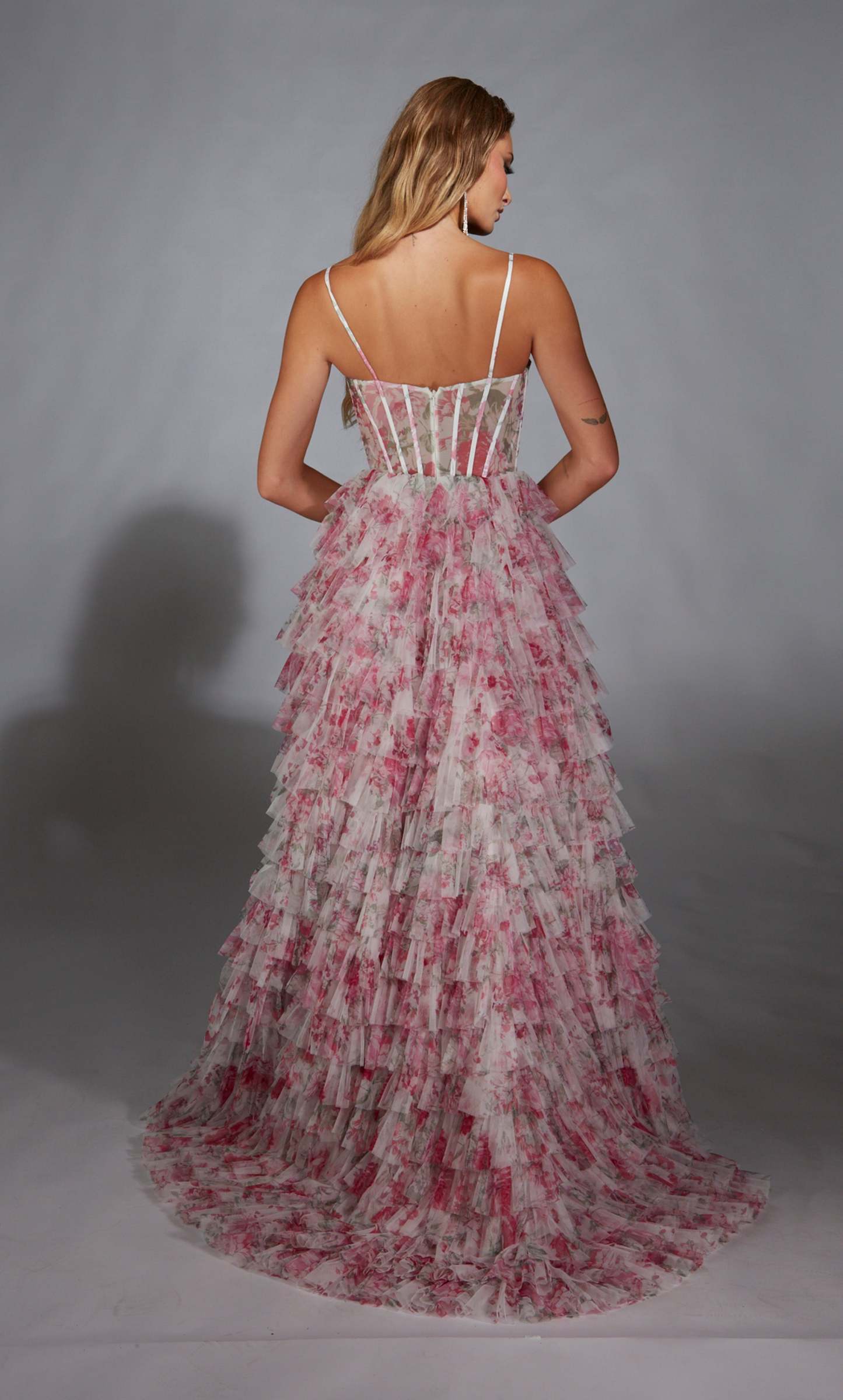 A-line Cowl Mesh Print Ruffles Corset Prom Dress #61732