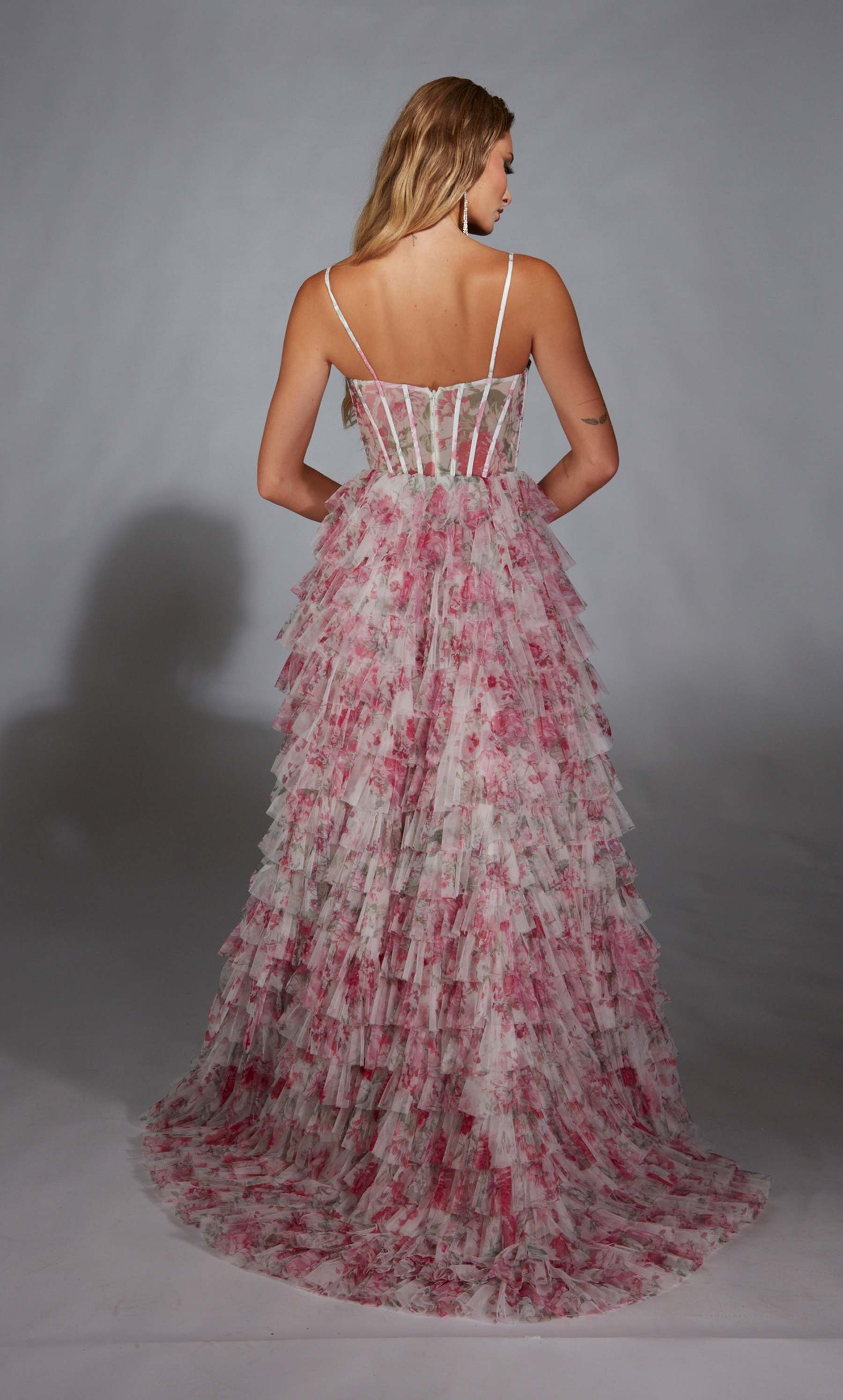 A-line Cowl Mesh Print Ruffles Corset Prom Dress #61732