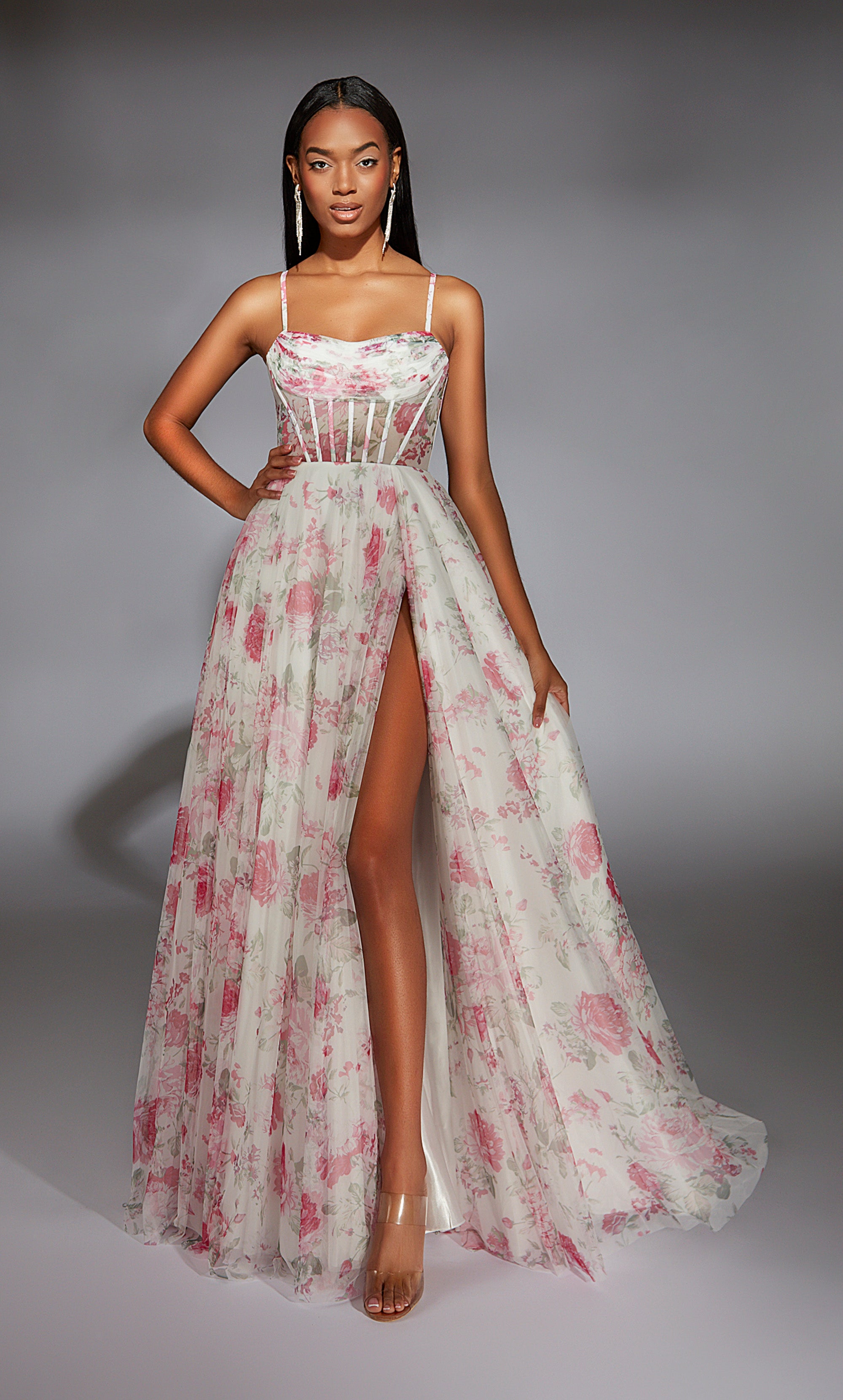 Cowl Mesh Print Slit Corset Prom Dress #61752