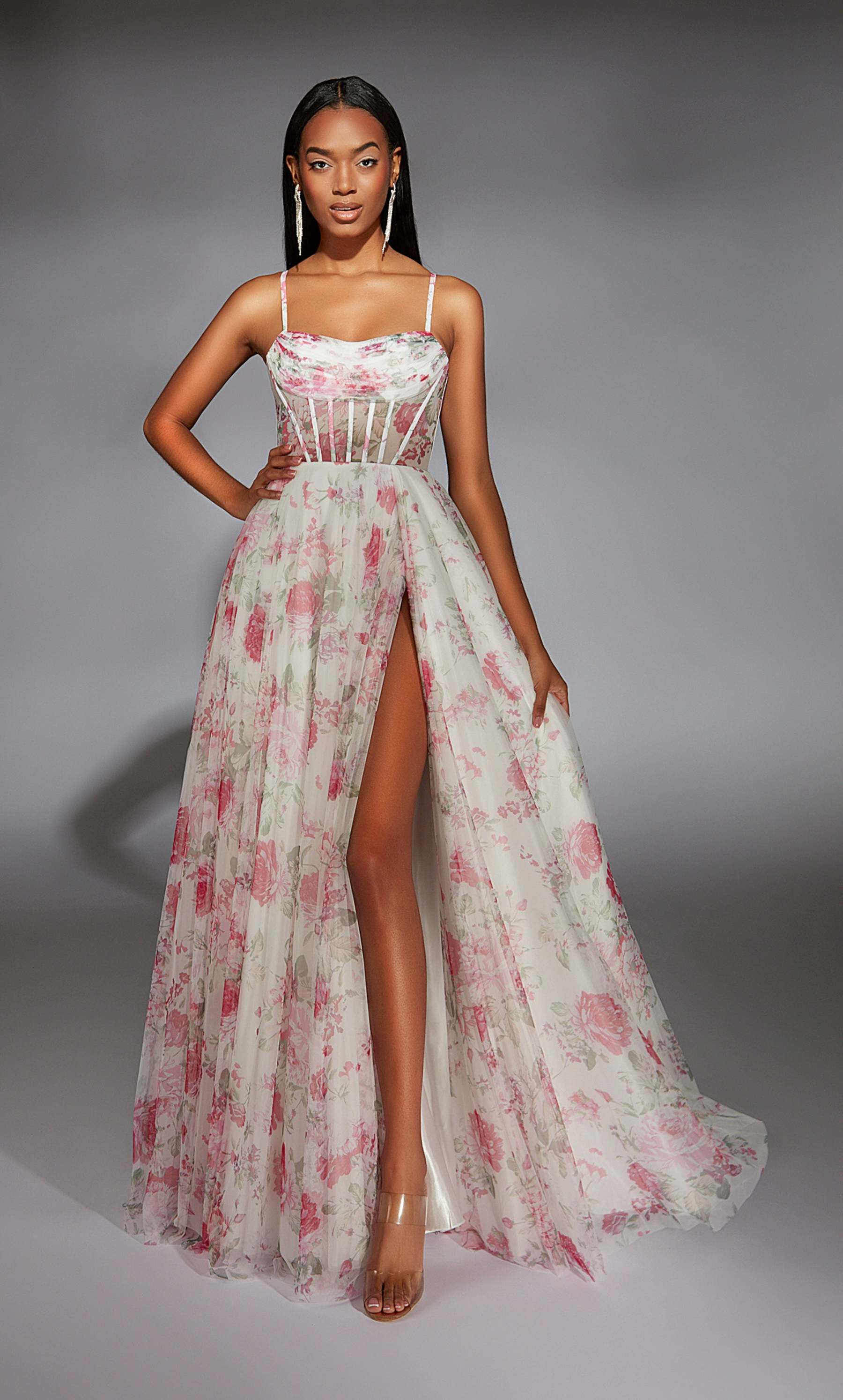 Cowl Mesh Print Slit Corset Prom Dress #61752