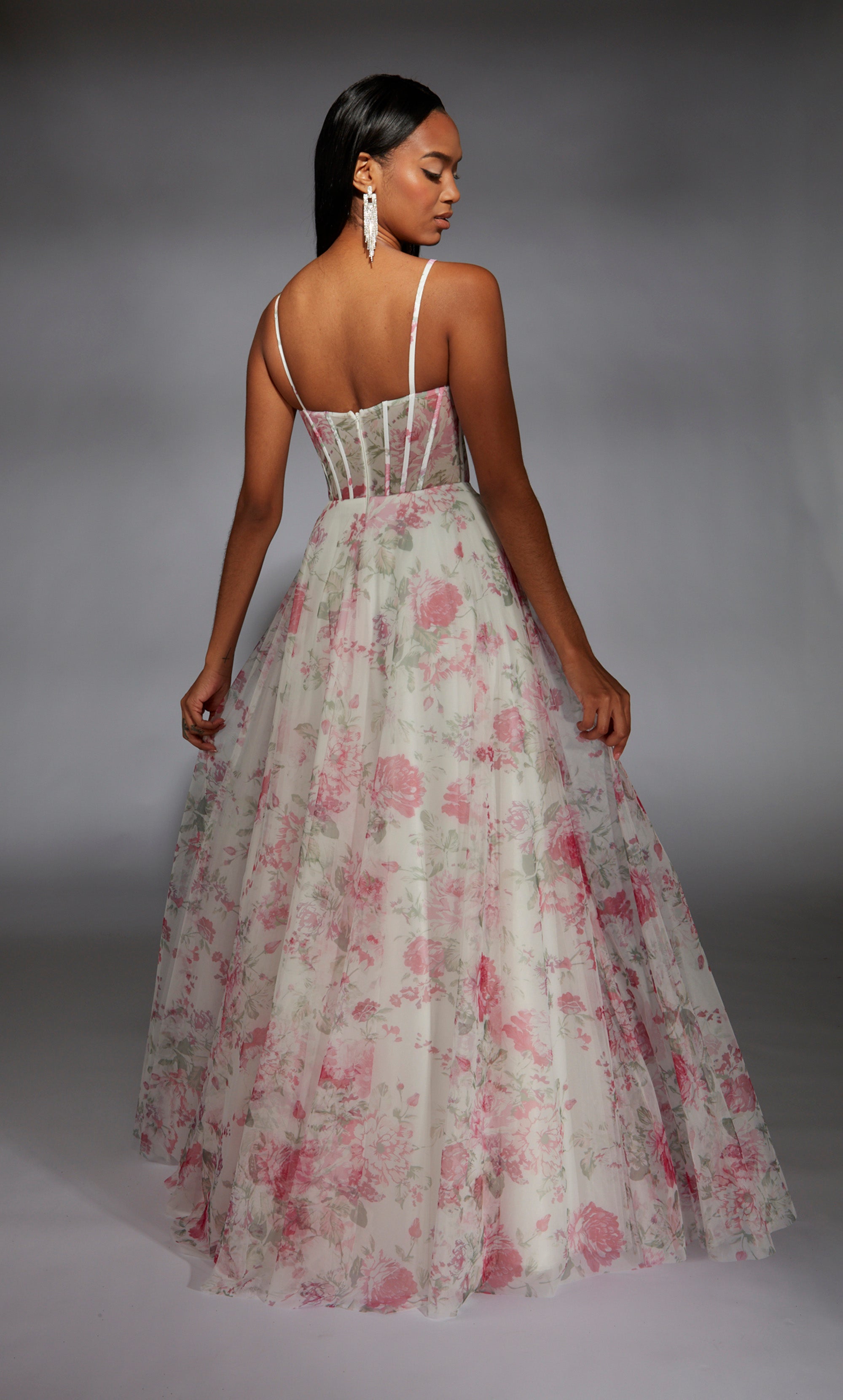 Cowl Mesh Print Slit Corset Prom Dress #61752