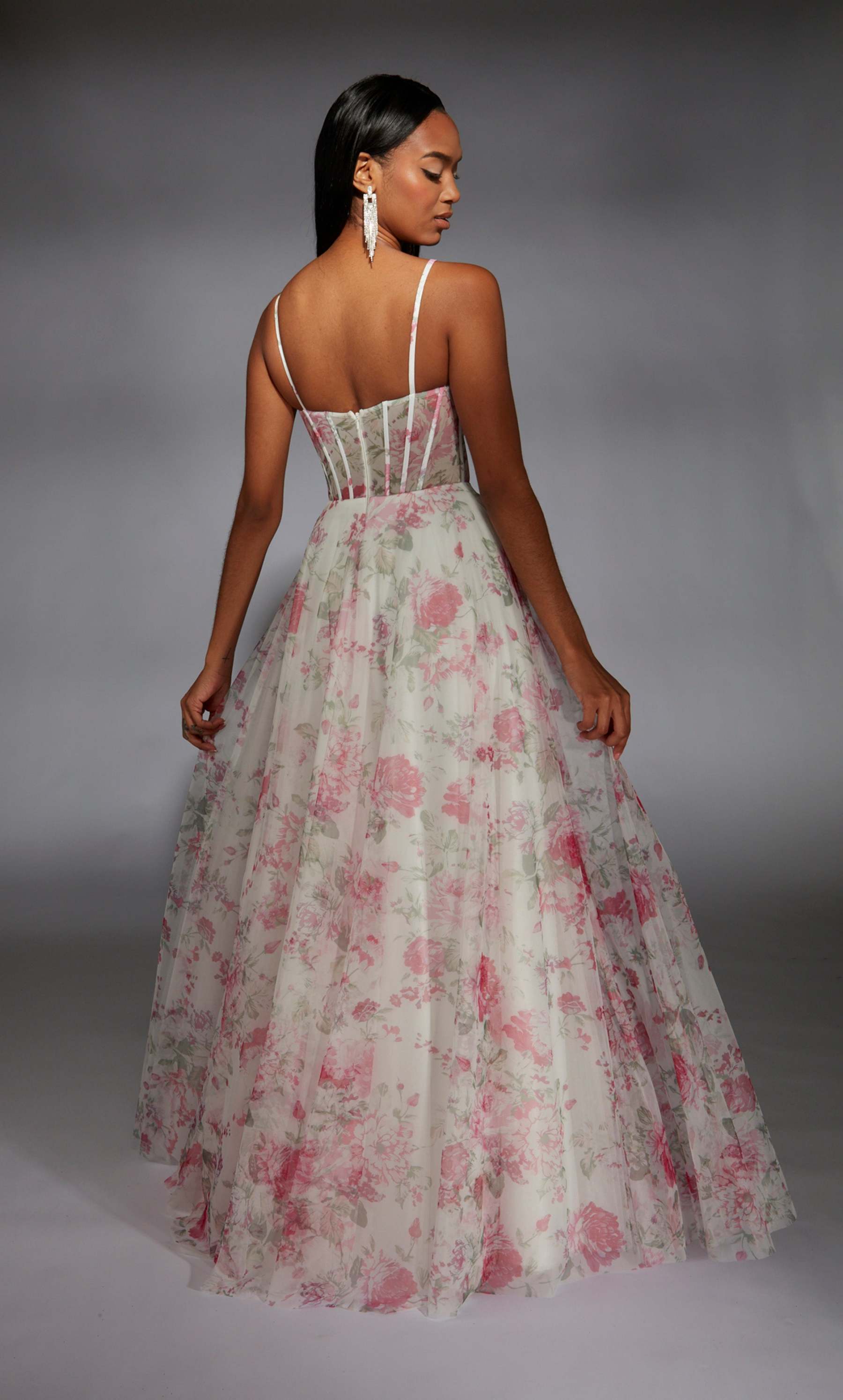 Cowl Mesh Print Slit Corset Prom Dress #61752