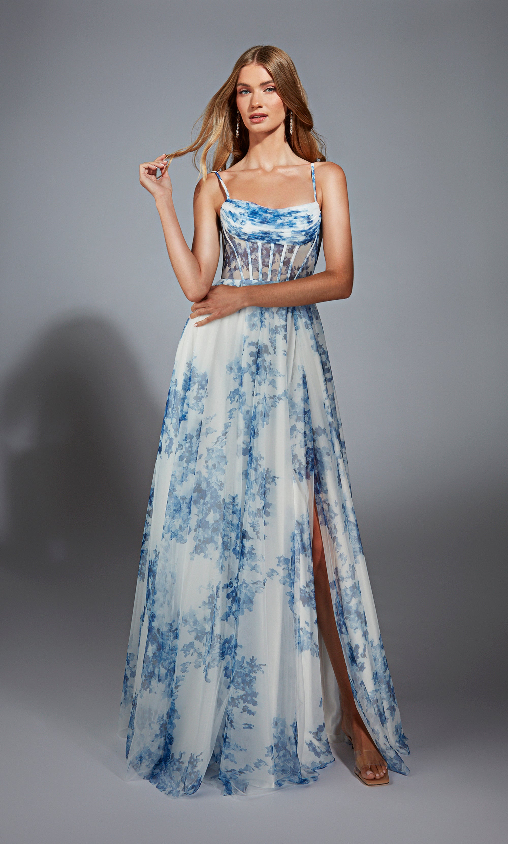 Cowl Mesh Print Slit Corset Prom Dress #61752