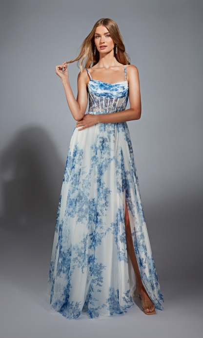 Cowl Mesh Print Slit Corset Prom Dress #61752