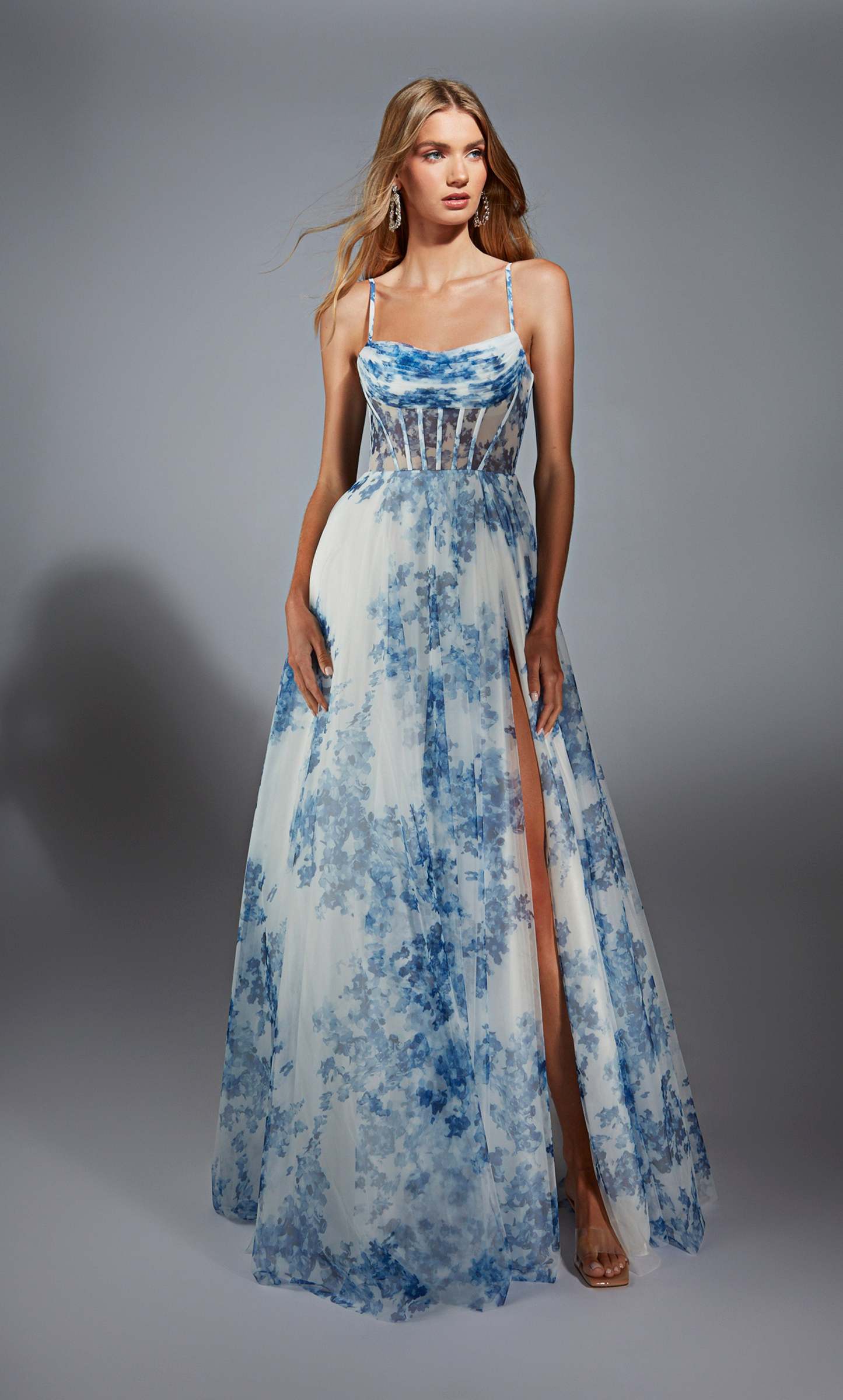 Cowl Mesh Print Slit Corset Prom Dress #61752