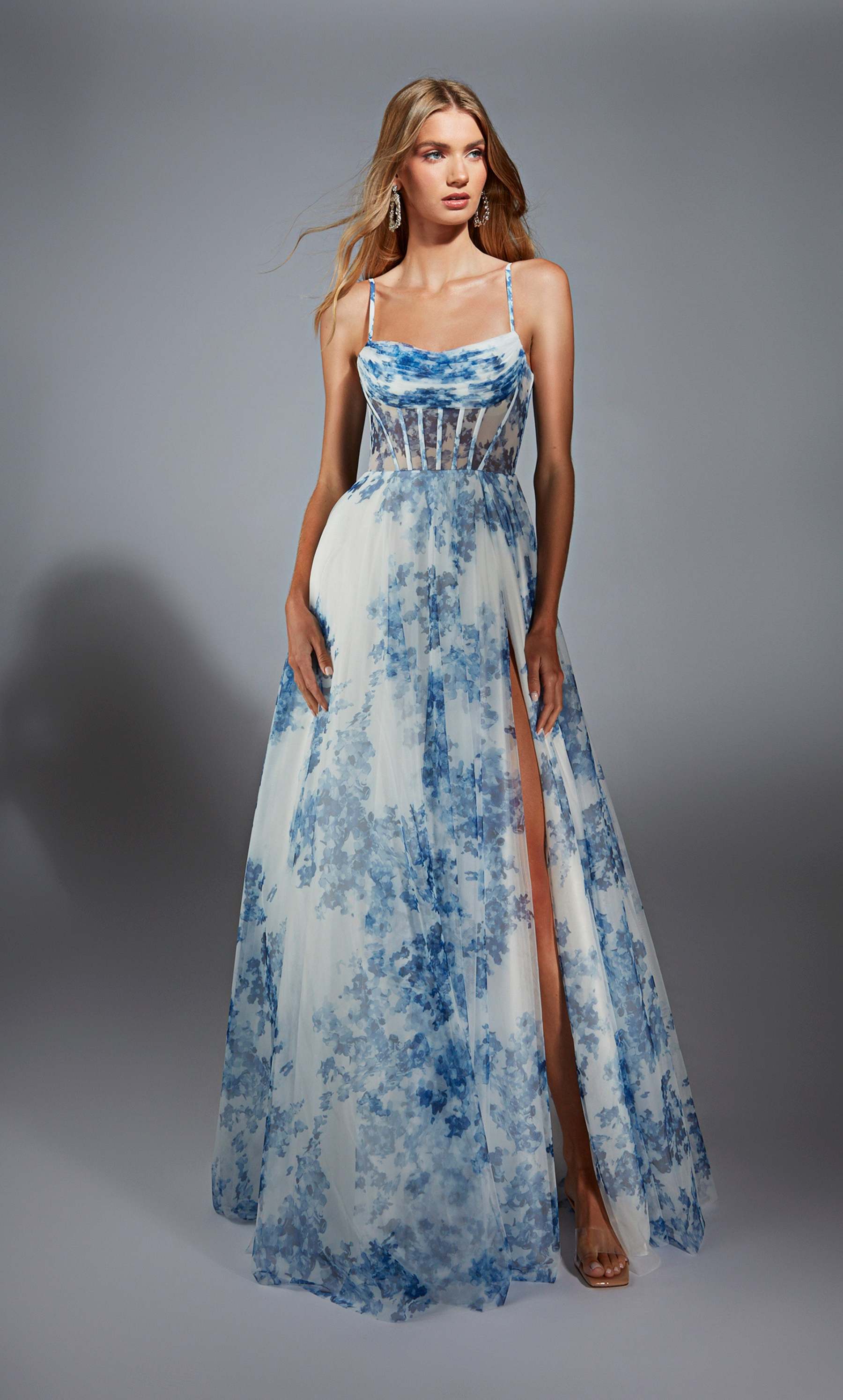 Cowl Mesh Print Slit Corset Prom Dress #61752