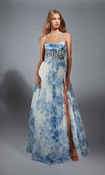 Cowl Mesh Print Slit Corset Prom Dress #61752