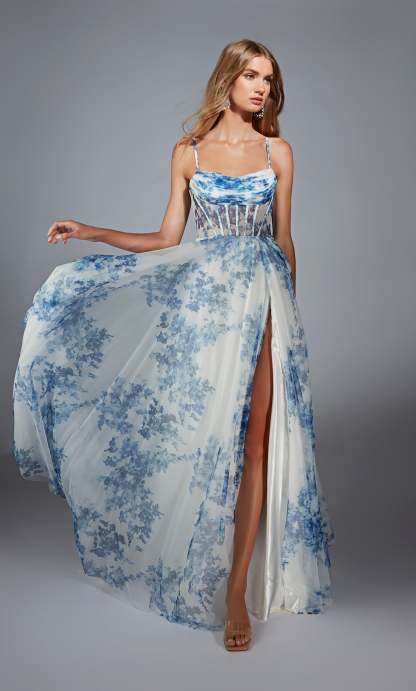 Cowl Mesh Print Slit Corset Prom Dress #61752