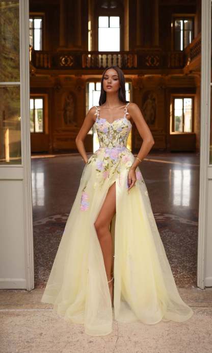 A-line Scoop Tulle Pockets Slit Prom Dress #61909