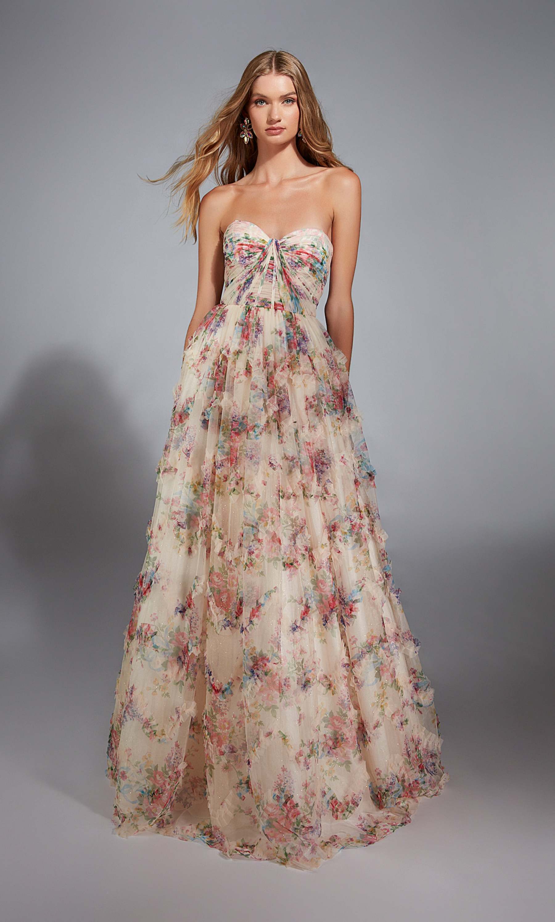 Ball Gown Strapless Mesh Print Ruffles Prom Dress #61957