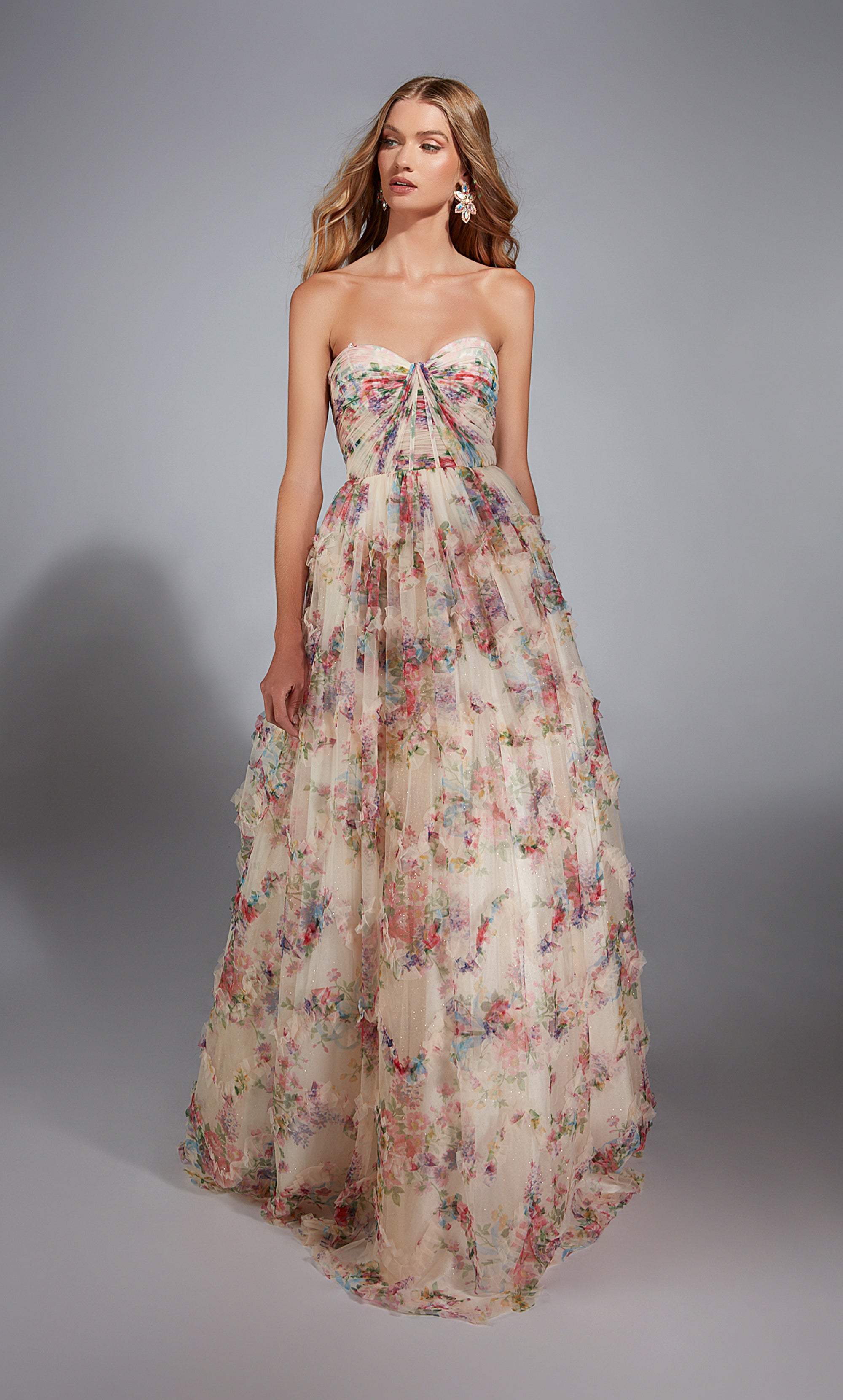 Ball Gown Strapless Mesh Print Ruffles Prom Dress #61957