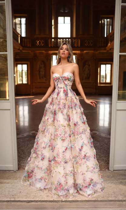 Ball Gown Strapless Mesh Print Ruffles Prom Dress #61957