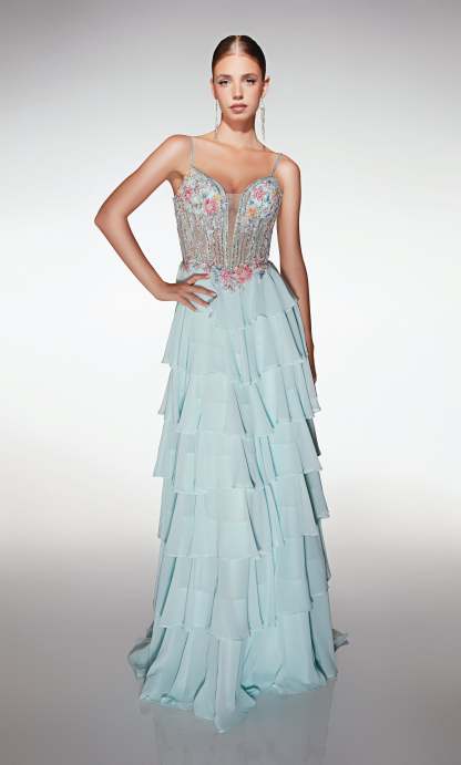 A Line Long Plunging Neckline Corset Ruffles Lace-up Back Prom Dress #61993