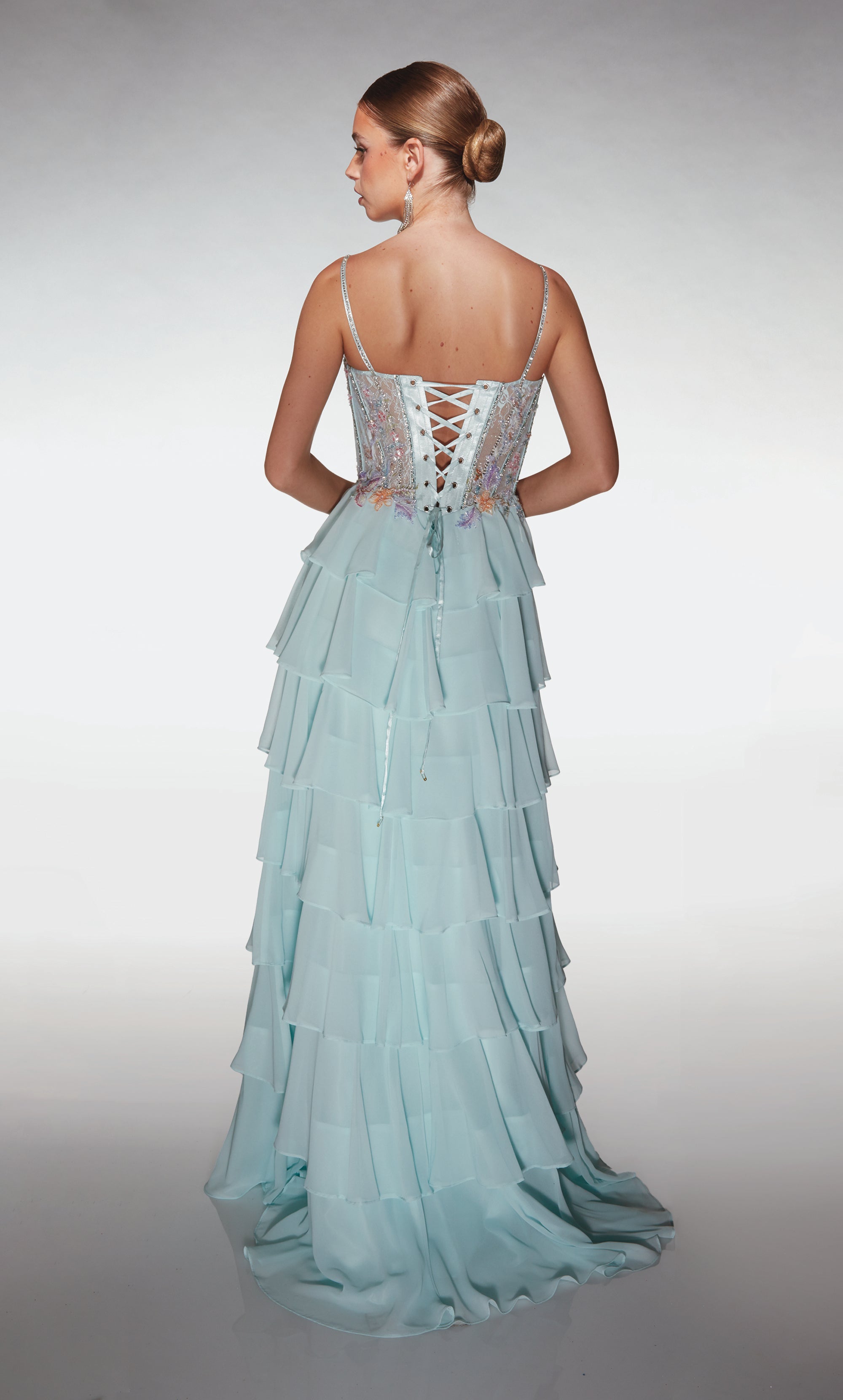 A Line Long Plunging Neckline Corset Ruffles Lace-up Back Prom Dress #61993