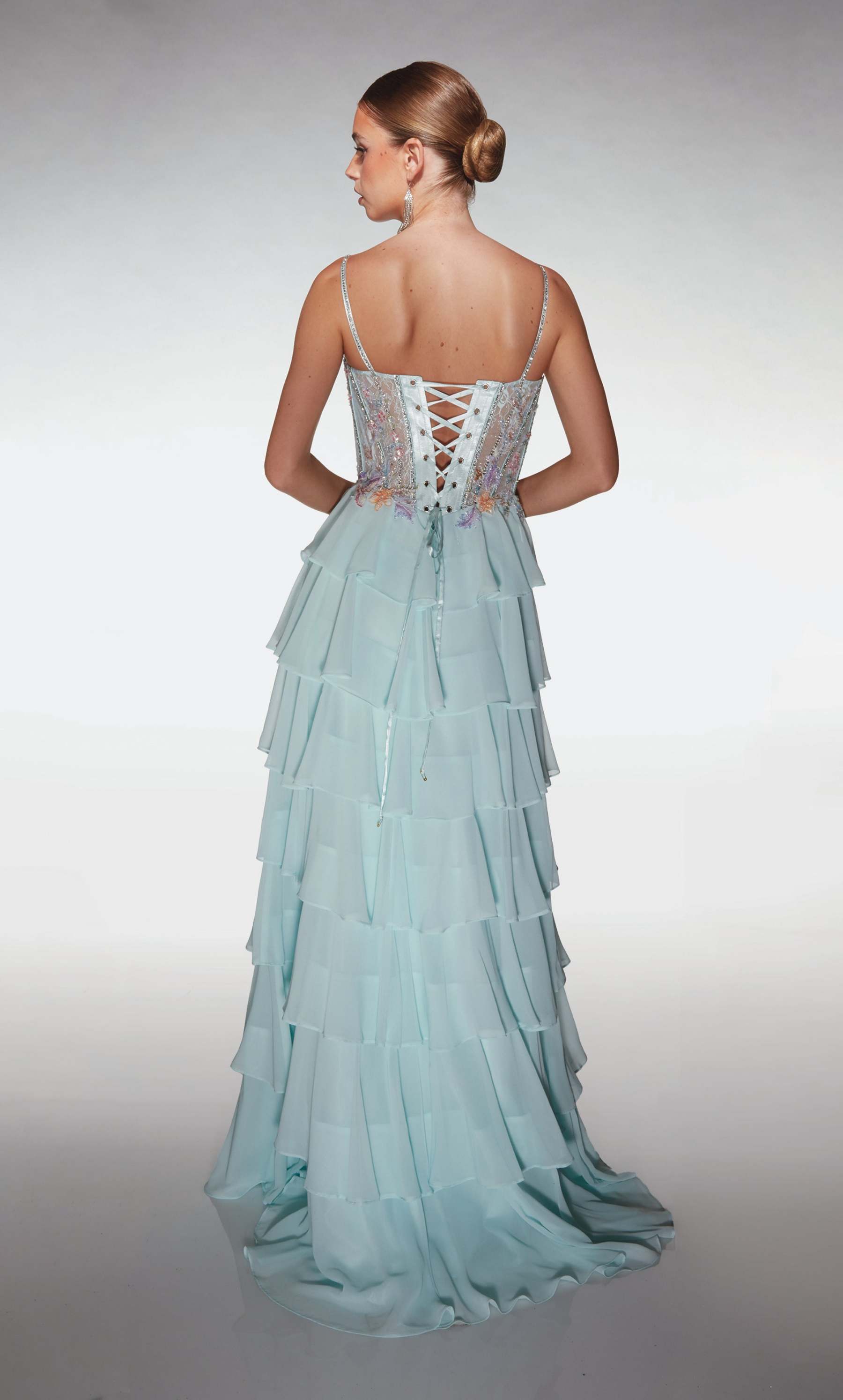 A Line Long Plunging Neckline Corset Ruffles Lace-up Back Prom Dress #61993