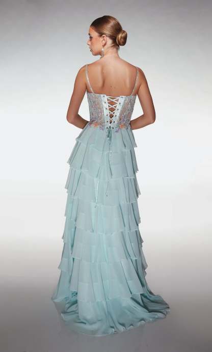 A Line Long Plunging Neckline Corset Ruffles Lace-up Back Prom Dress #61993