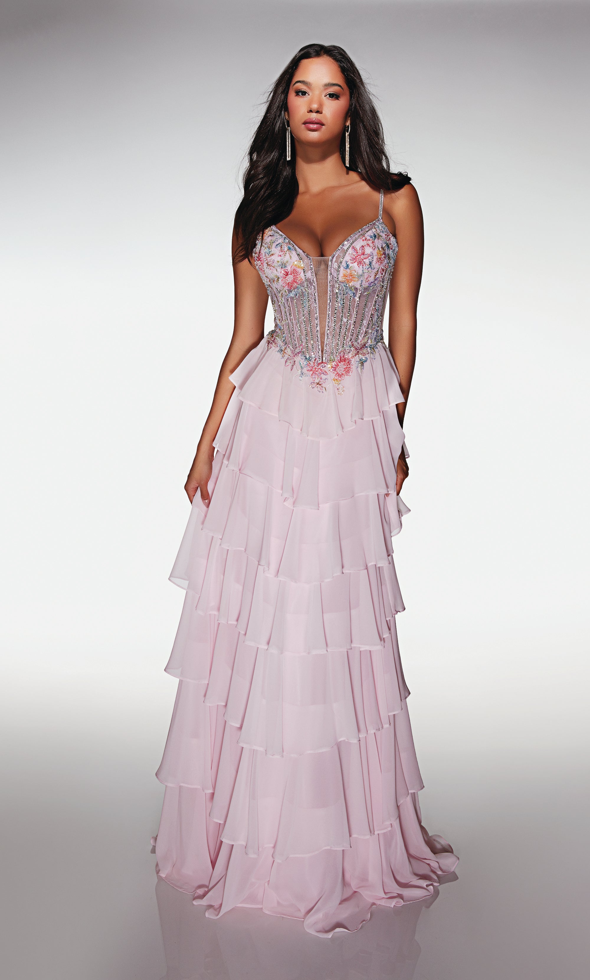 A Line Long Plunging Neckline Corset Ruffles Lace-up Back Prom Dress #61993