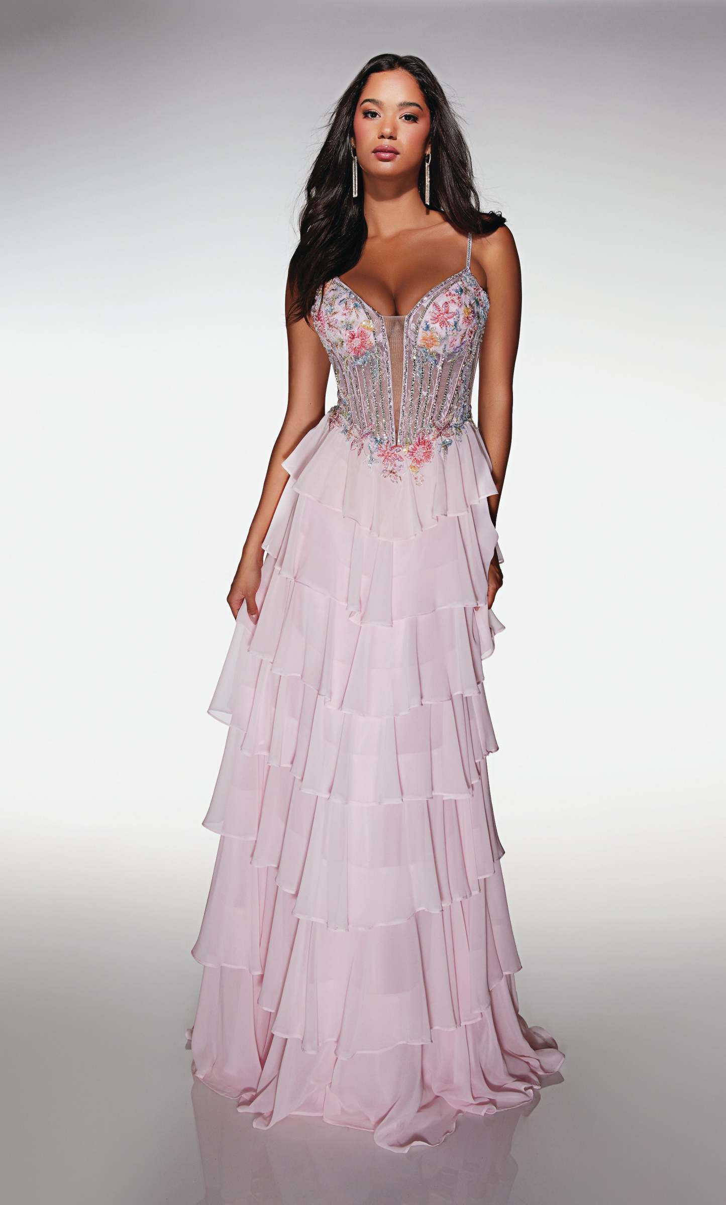 A Line Long Plunging Neckline Corset Ruffles Lace-up Back Prom Dress #61993