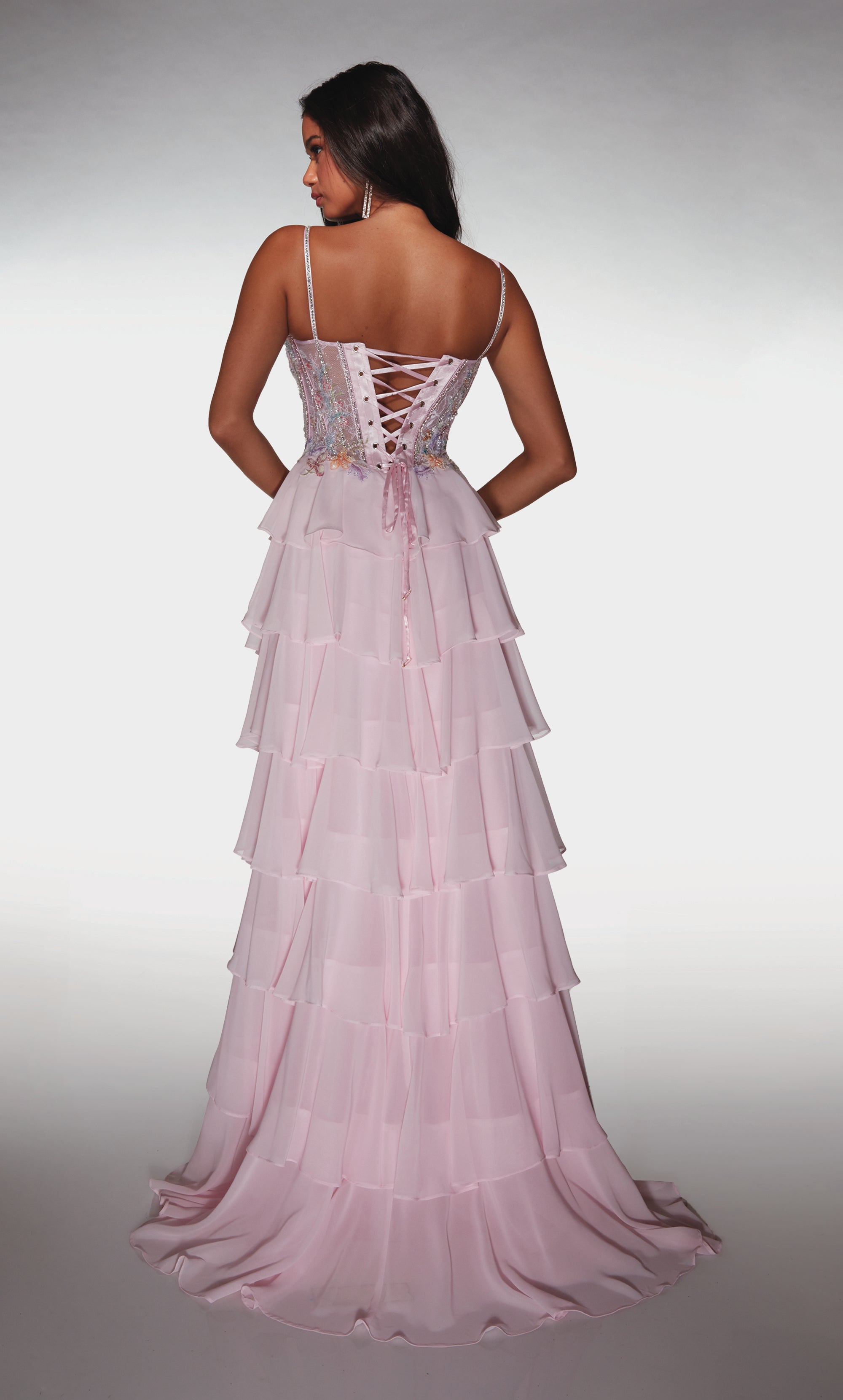 A Line Long Plunging Neckline Corset Ruffles Lace-up Back Prom Dress #61993