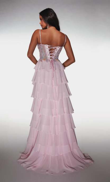 A Line Long Plunging Neckline Corset Ruffles Lace-up Back Prom Dress #61993