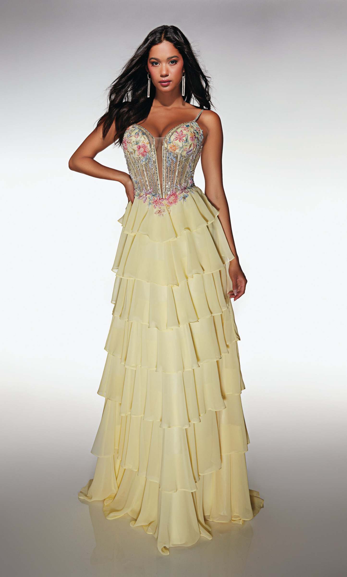 A Line Long Plunging Neckline Corset Ruffles Lace-up Back Prom Dress #61993