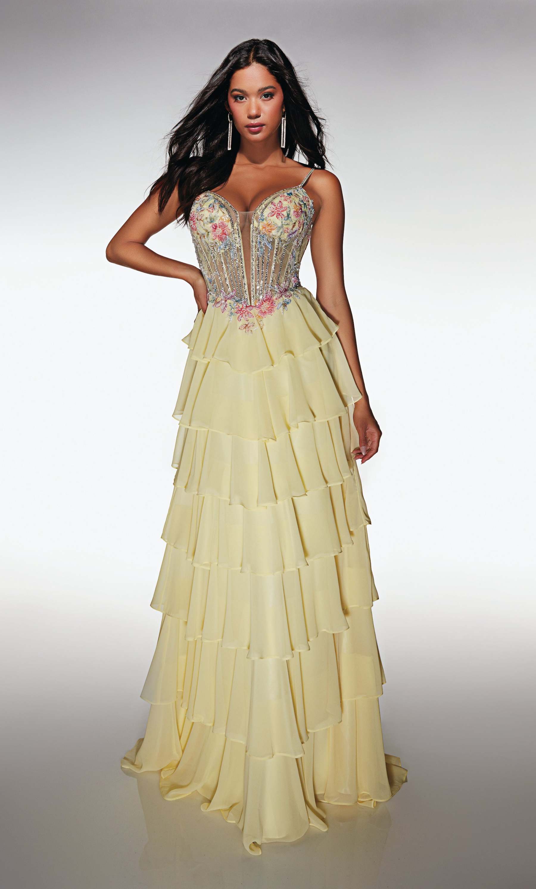 A Line Long Plunging Neckline Corset Ruffles Lace-up Back Prom Dress #61993