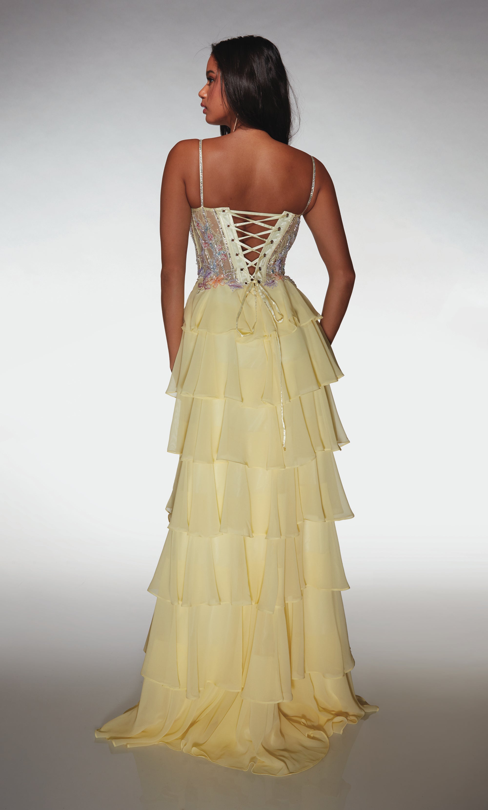 A Line Long Plunging Neckline Corset Ruffles Lace-up Back Prom Dress #61993
