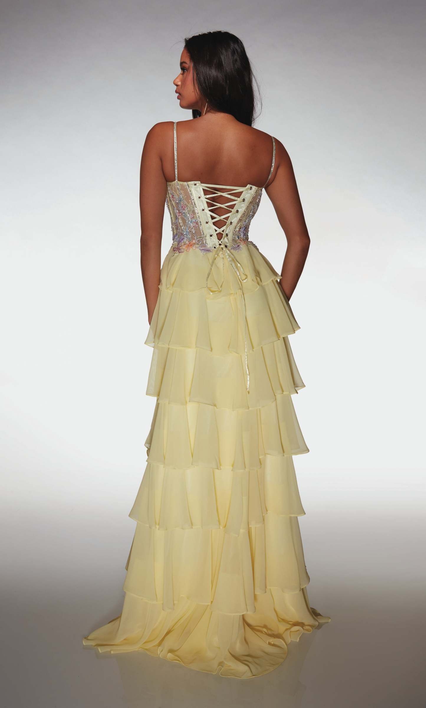 A Line Long Plunging Neckline Corset Ruffles Lace-up Back Prom Dress #61993