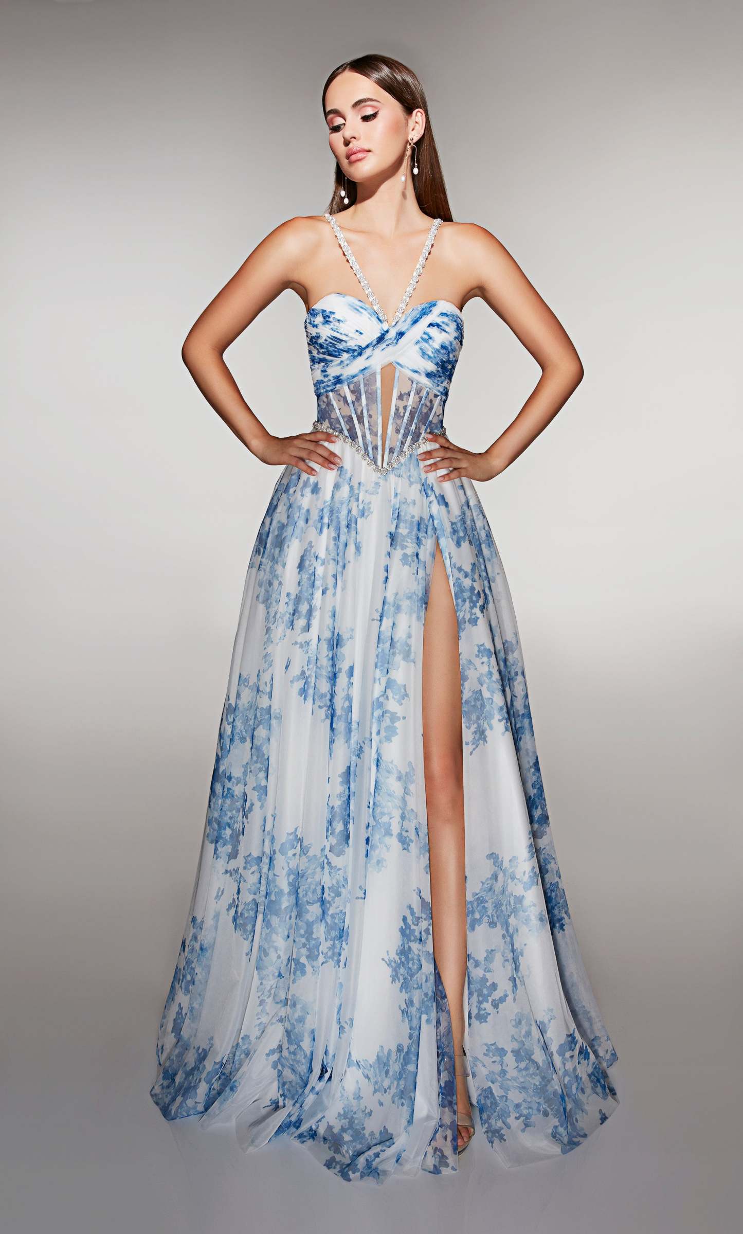 A-line Print Tulle Sweetheart Embellished Ruched Prom Dress #61994