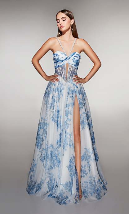 A-line Print Tulle Sweetheart Embellished Ruched Prom Dress #61994