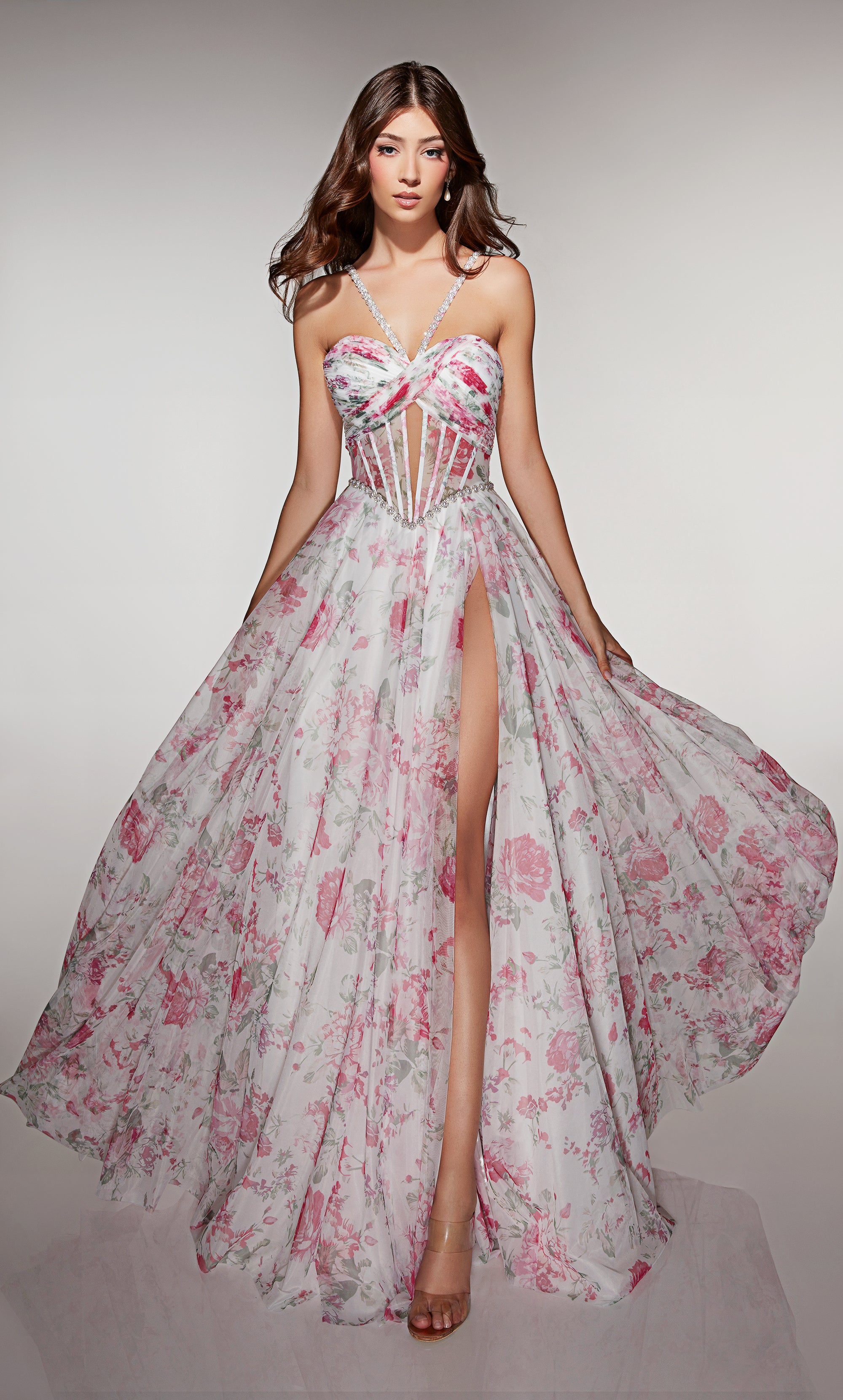 A-line Print Tulle Sweetheart Embellished Ruched Prom Dress #61994