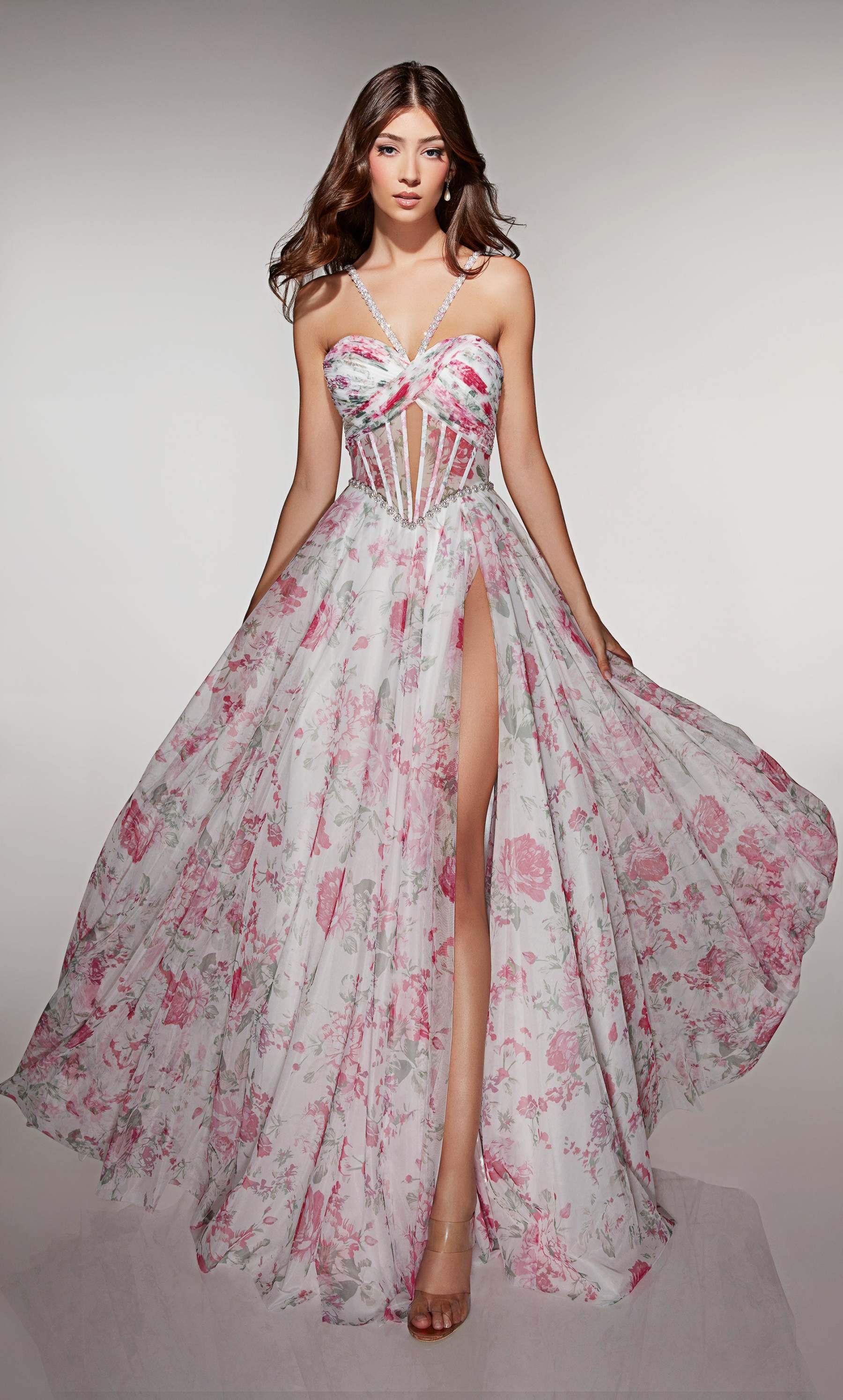 A-line Print Tulle Sweetheart Embellished Ruched Prom Dress #61994