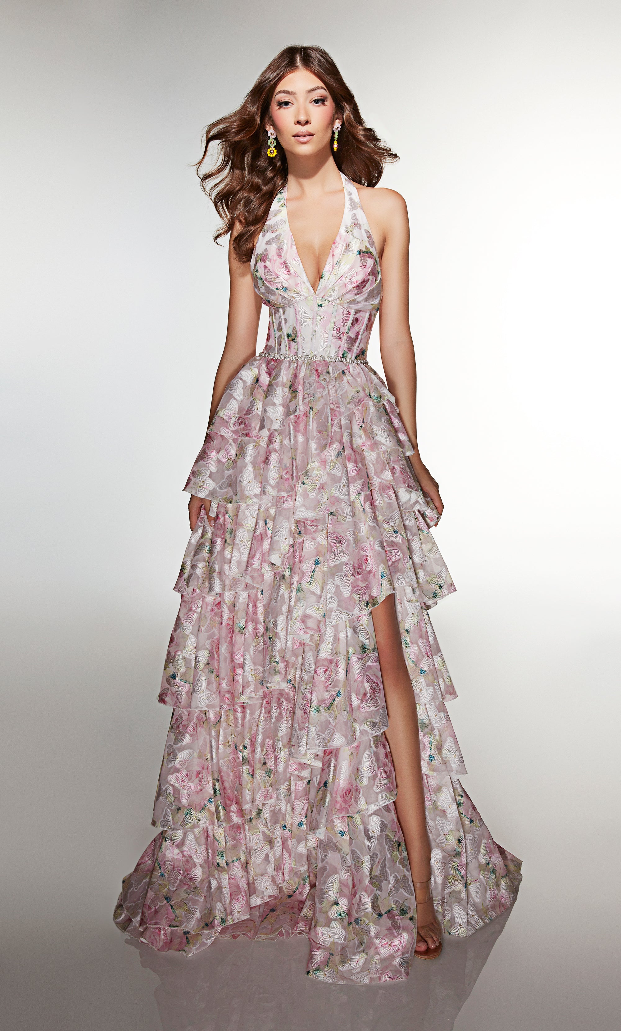 A-line Halter Organza Print Corset Slit Prom Dress #61996