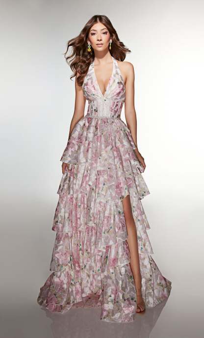 A-line Halter Organza Print Corset Slit Prom Dress #61996