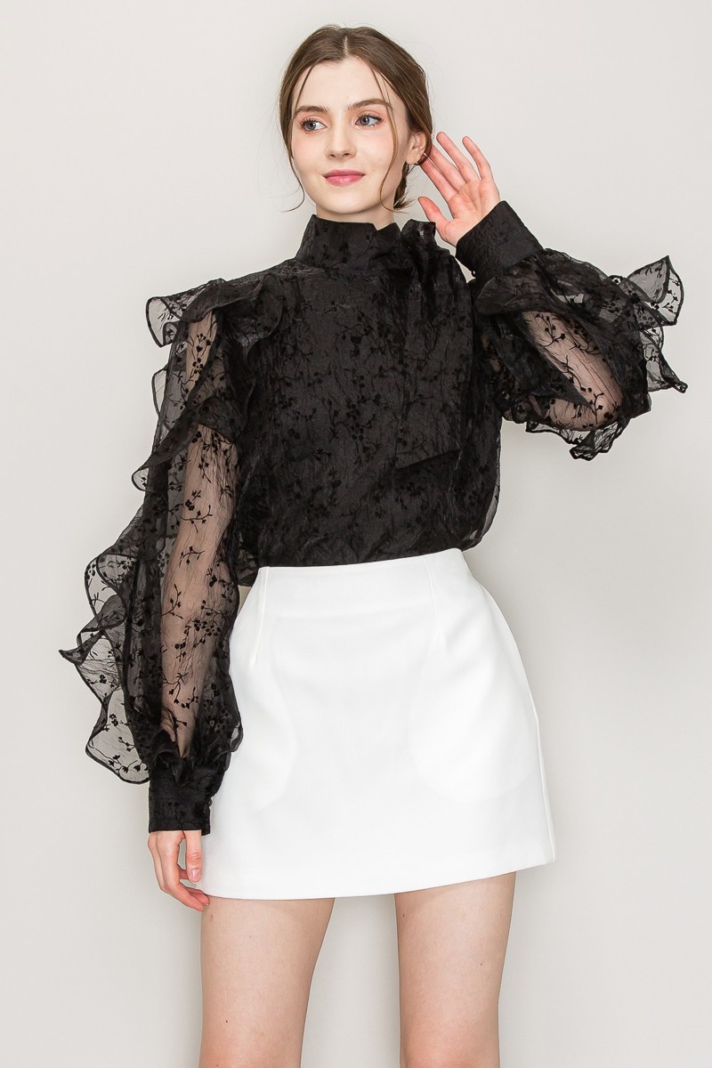 High Neck Long Sleeve Floral Print Frilled Blouse #22436221