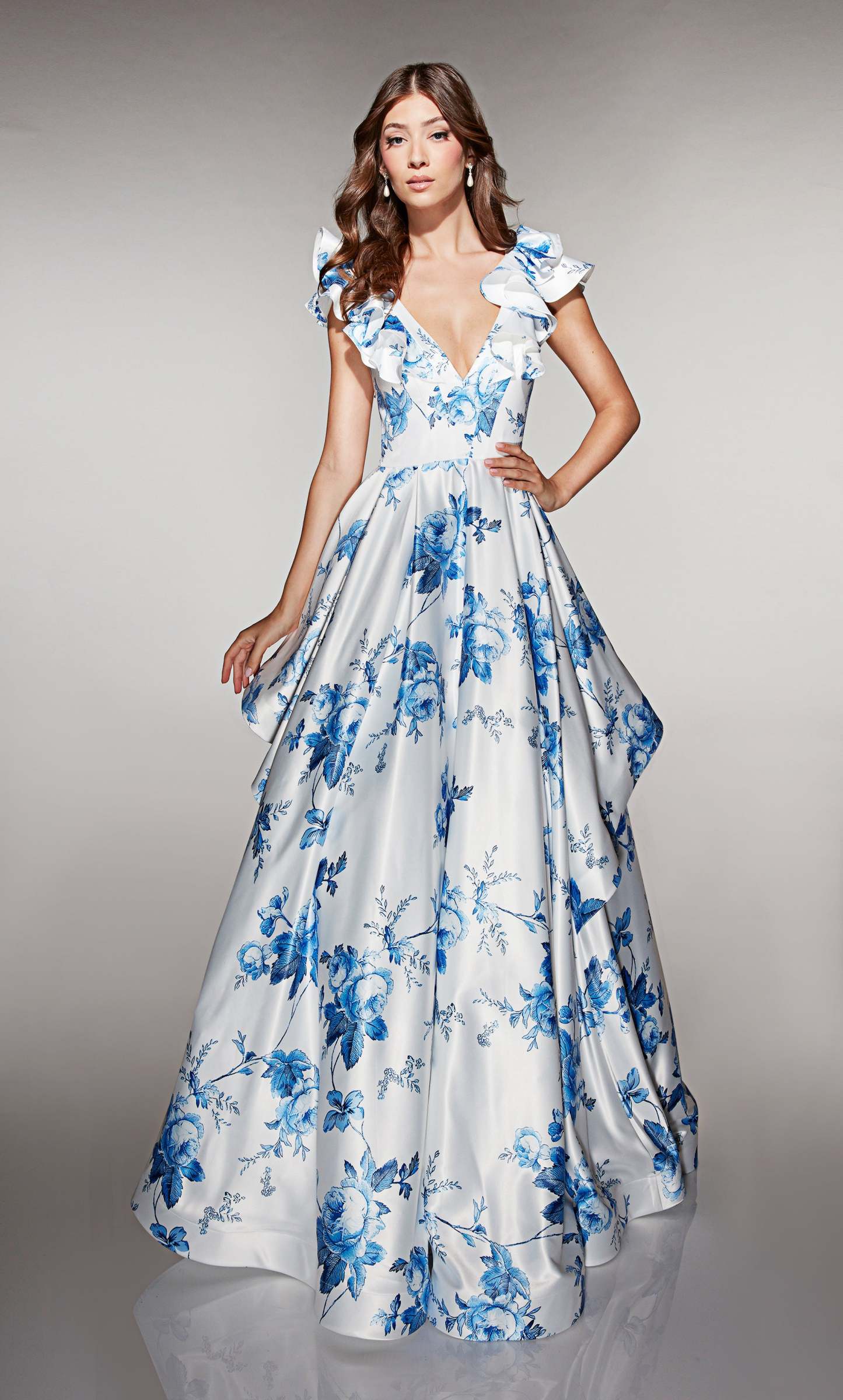 Ball Gown V-neck Satin Print Pockets Prom Dress #62001