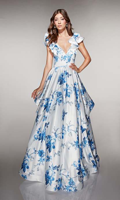 Ball Gown V-neck Satin Print Pockets Prom Dress #62001