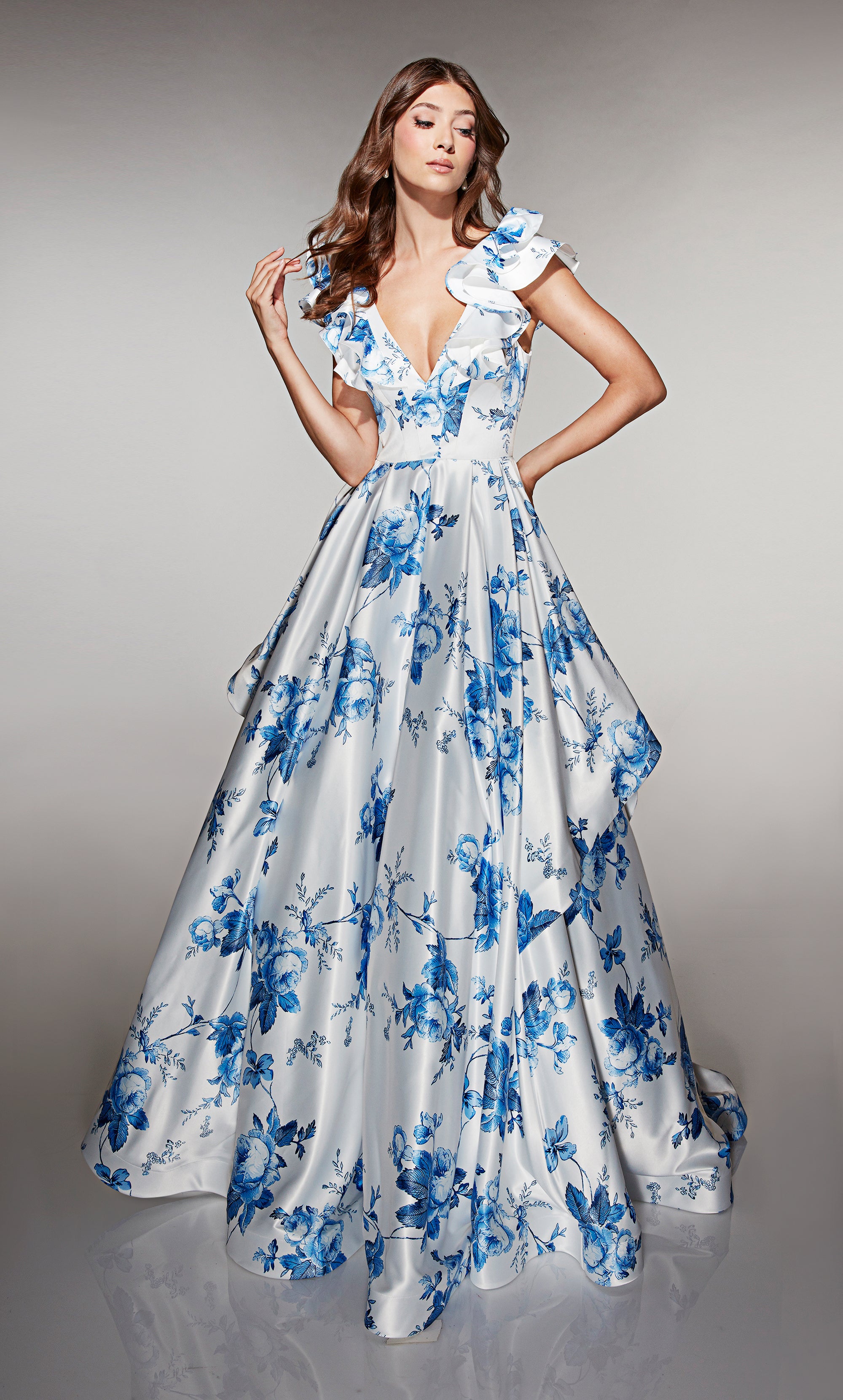 Ball Gown V-neck Satin Print Pockets Prom Dress #62001