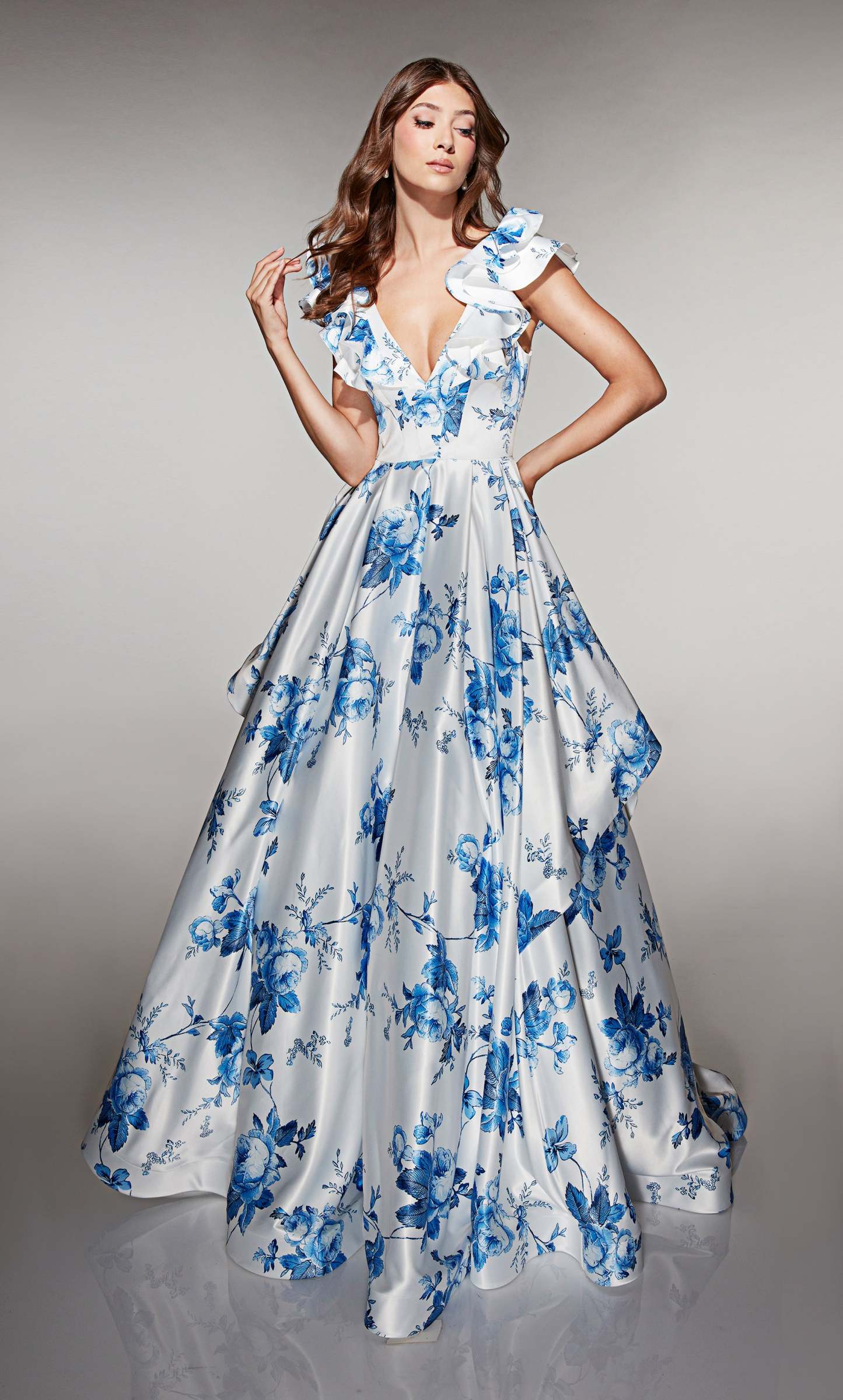 Ball Gown V-neck Satin Print Pockets Prom Dress #62001