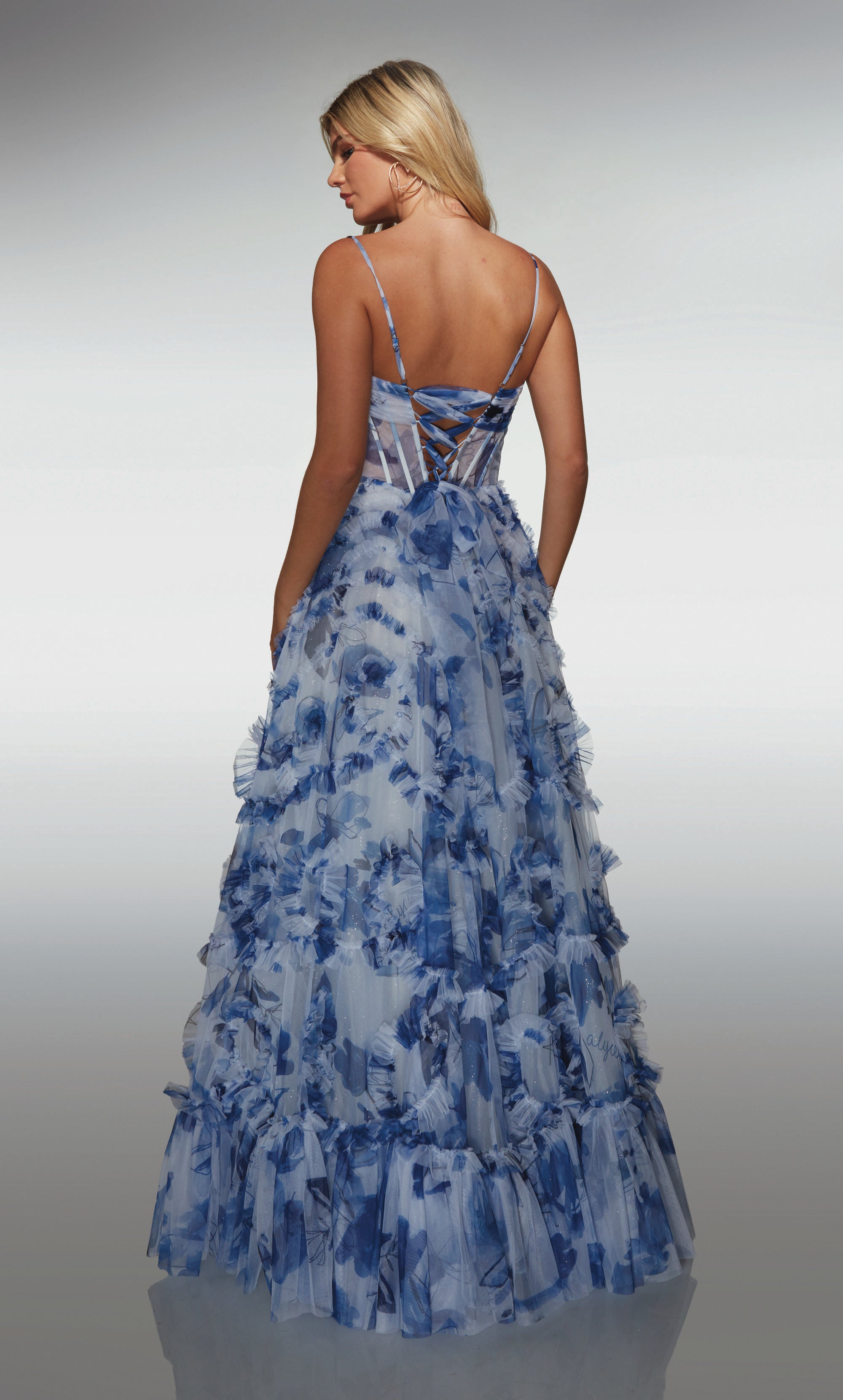 A-line Sweetheart Soft Mesh Print Ruffles Corset Prom Dress #62003