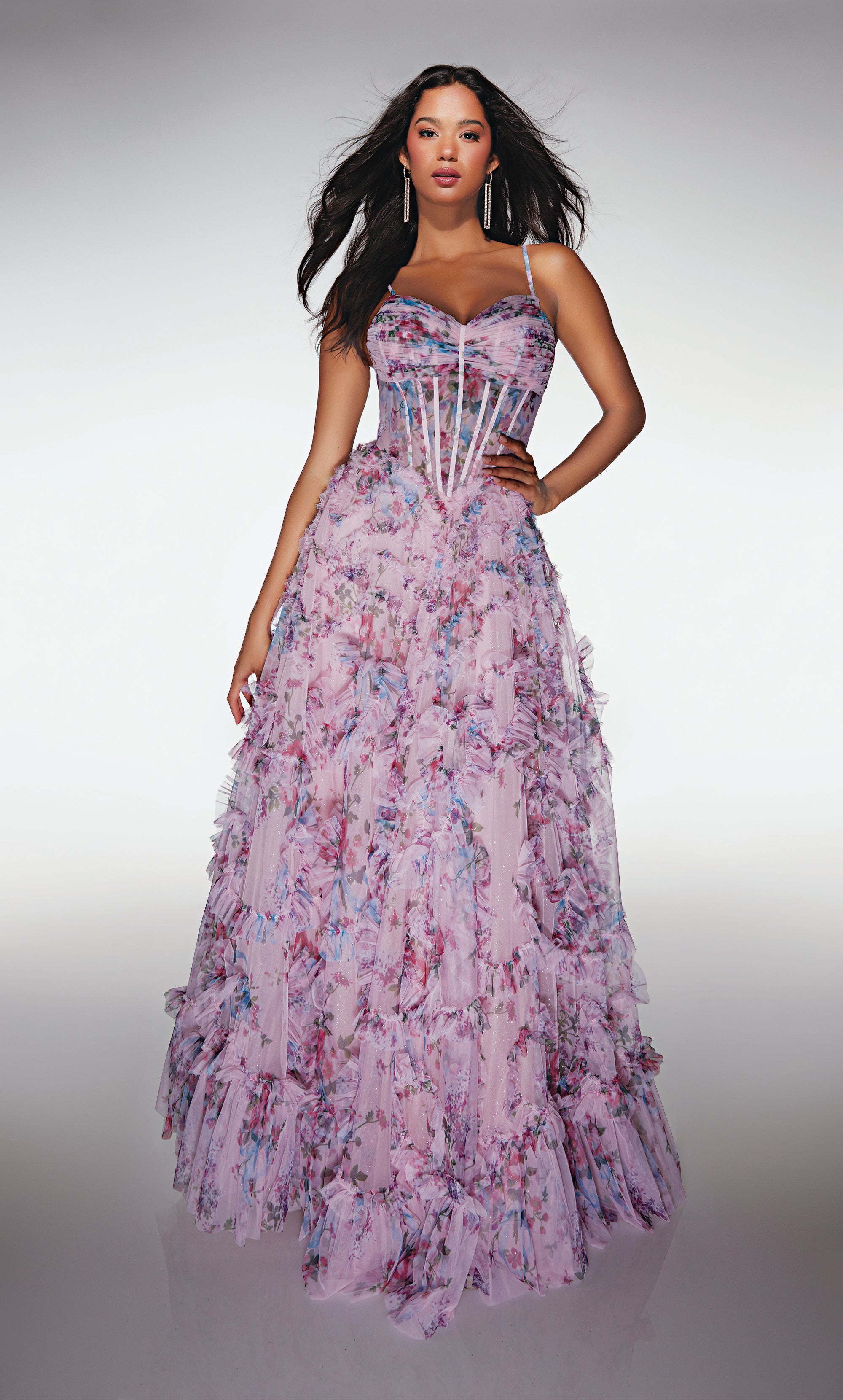 A-line Sweetheart Soft Mesh Print Ruffles Corset Prom Dress #62003