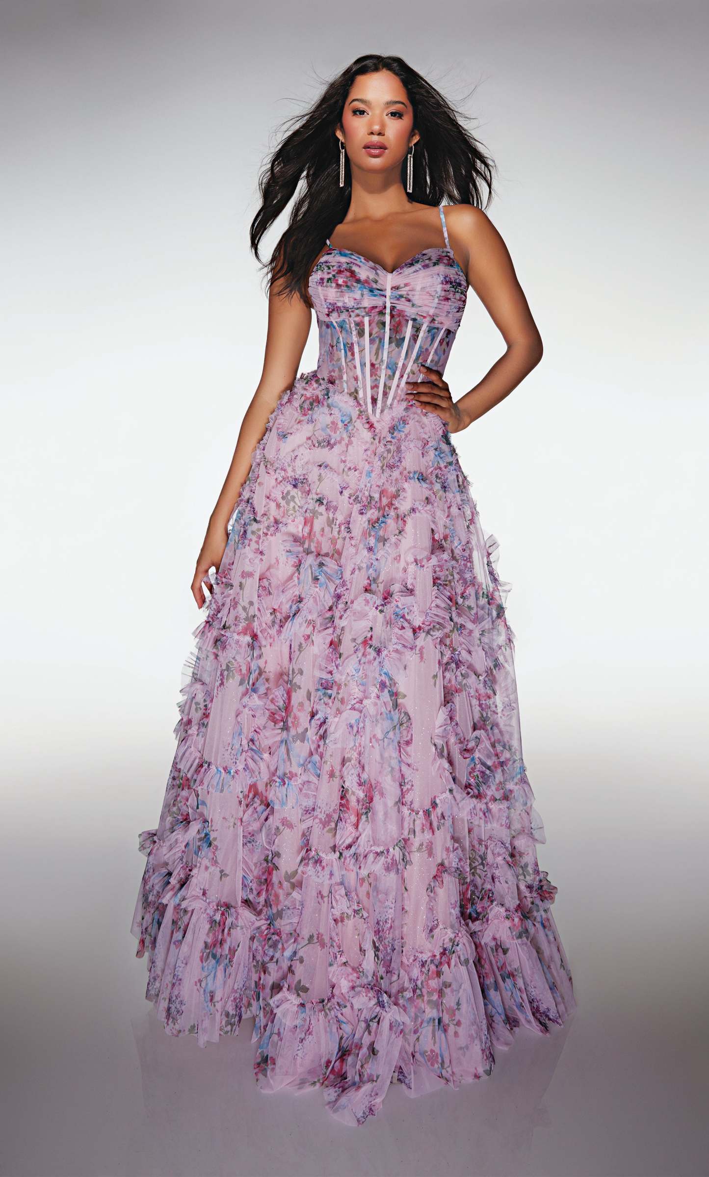 A-line Sweetheart Soft Mesh Print Ruffles Corset Prom Dress #62003