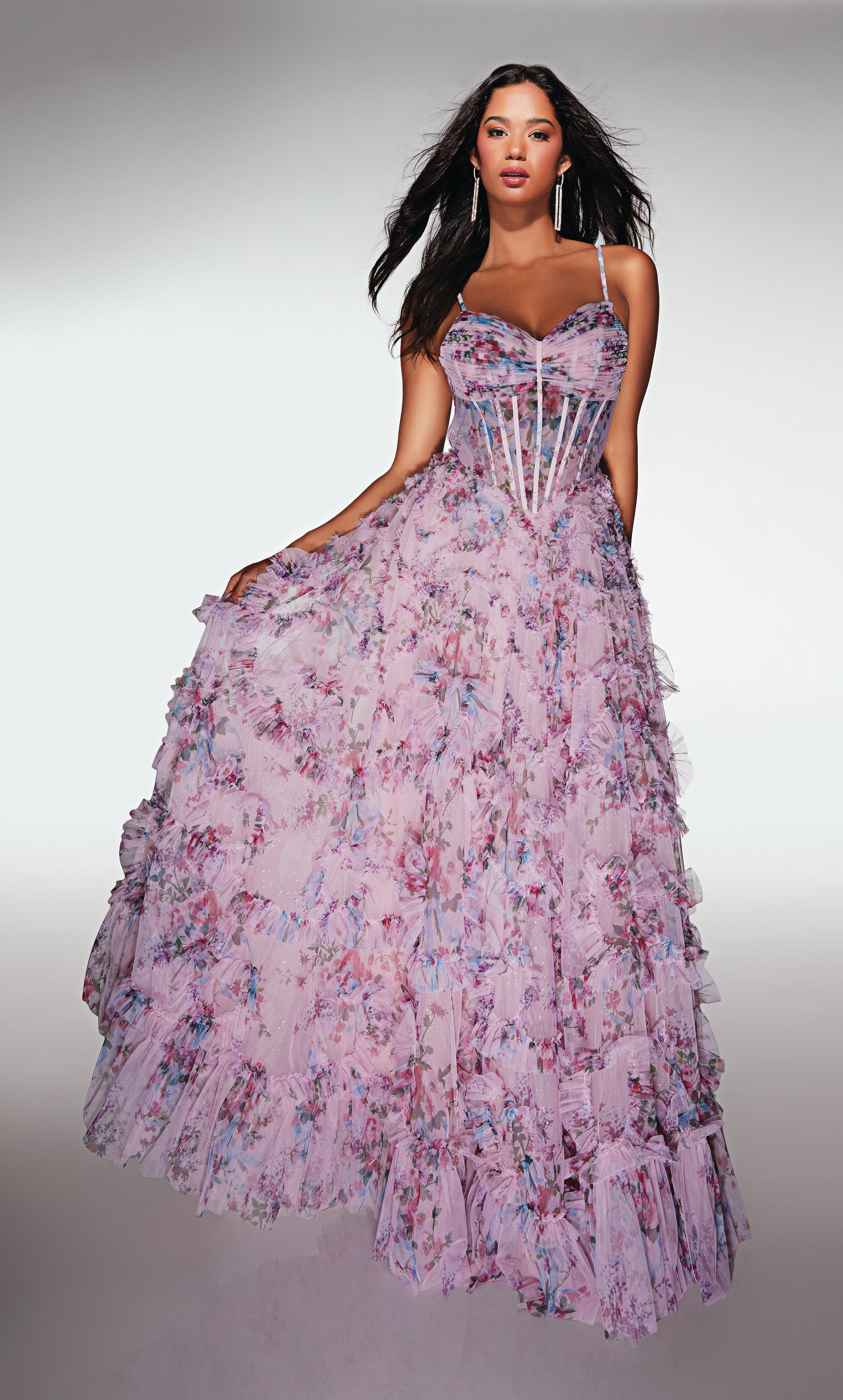 A-line Sweetheart Soft Mesh Print Ruffles Corset Prom Dress #62003