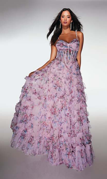 A-line Sweetheart Soft Mesh Print Ruffles Corset Prom Dress #62003
