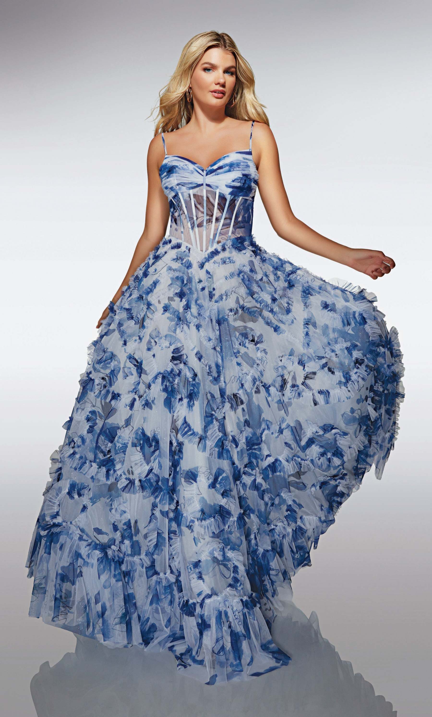A-line Sweetheart Soft Mesh Print Ruffles Corset Prom Dress #62003