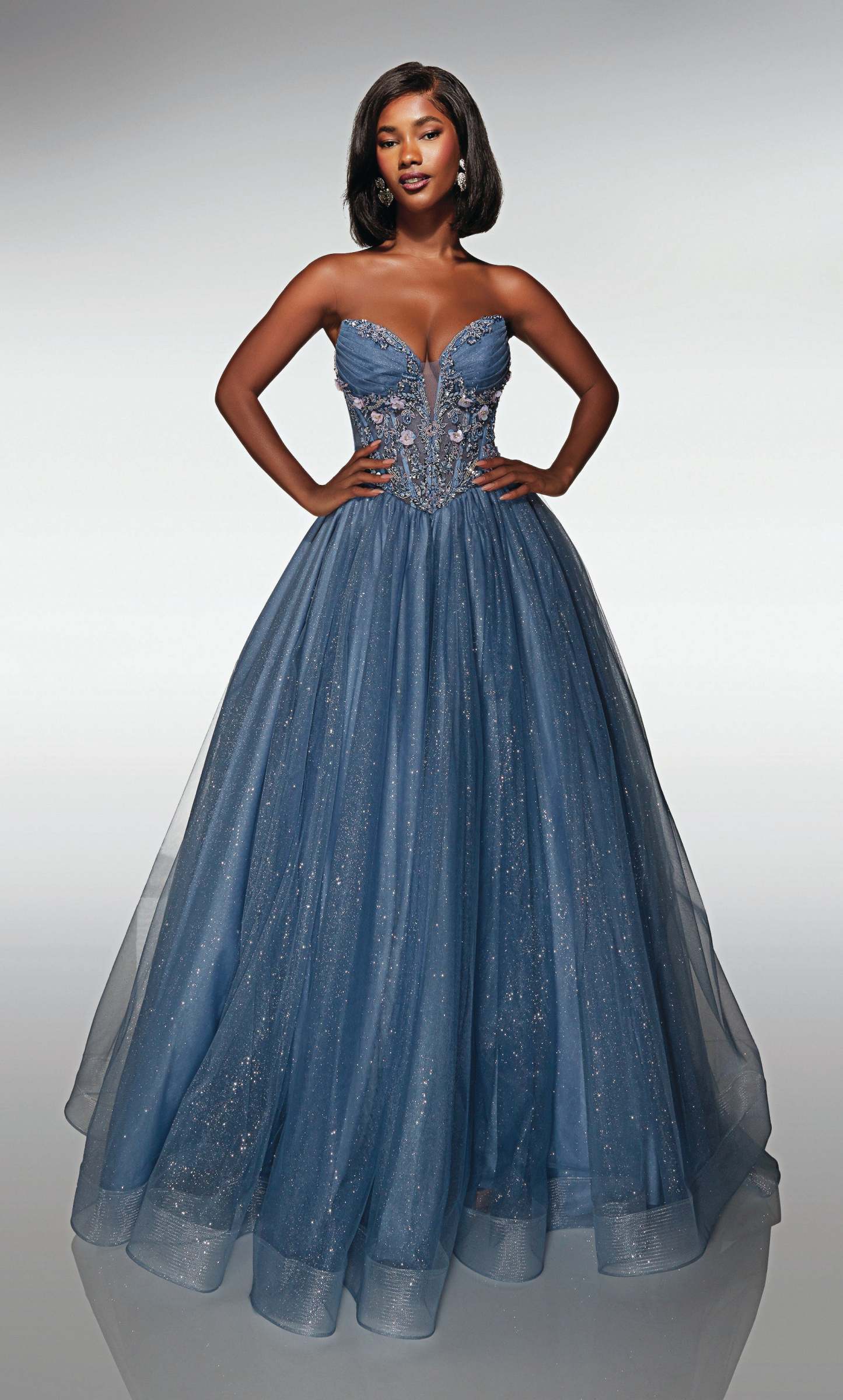 Ball Gown Cat-eye Neck 3D Flower Lace Embellished Prom Dress #62009