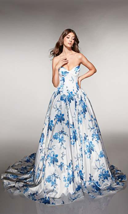 Ball Gown Cat-eye Neck Satin Print Pockets Prom Dress #62026