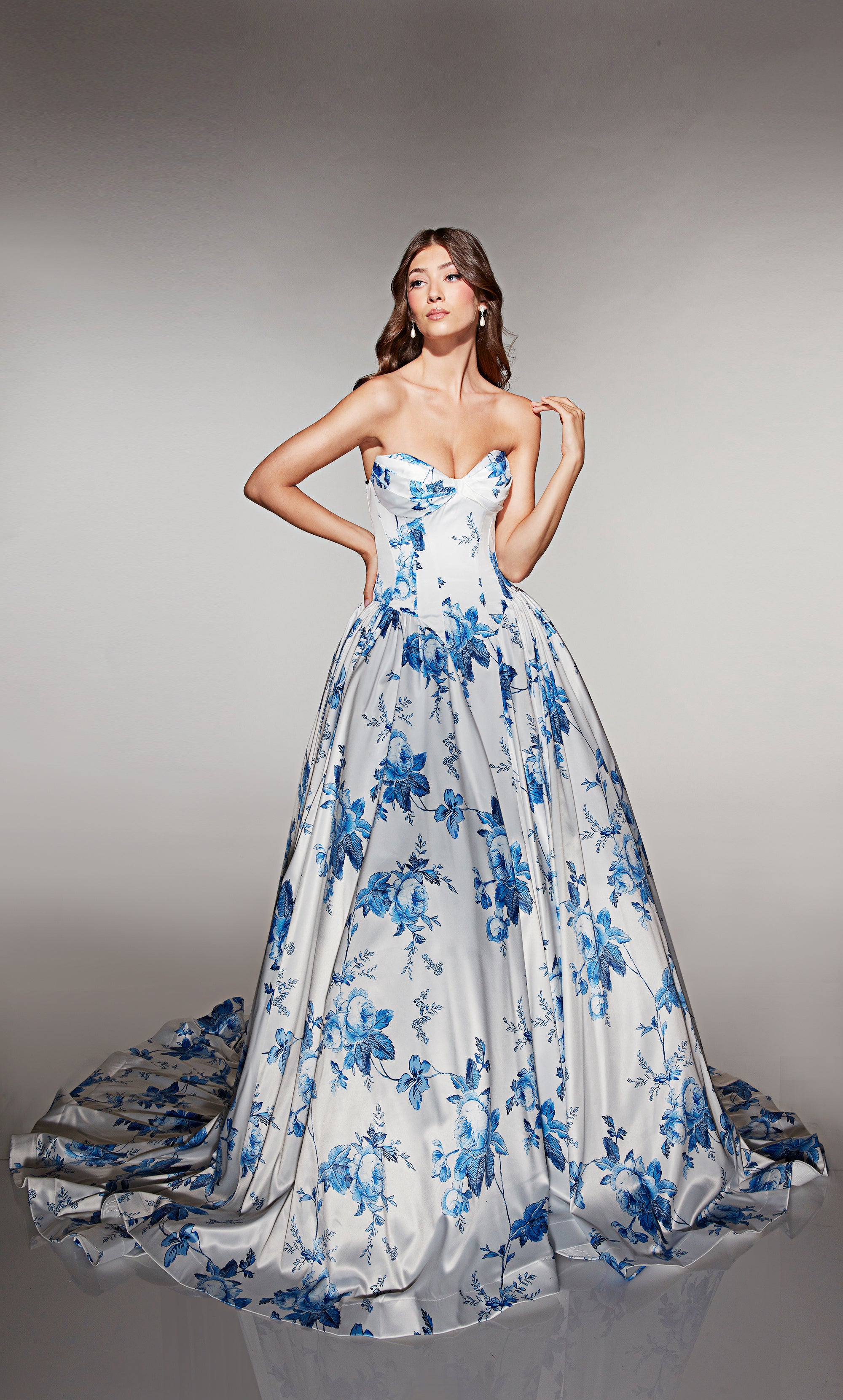 Ball Gown Cat-eye Neck Satin Print Pockets Prom Dress #62026