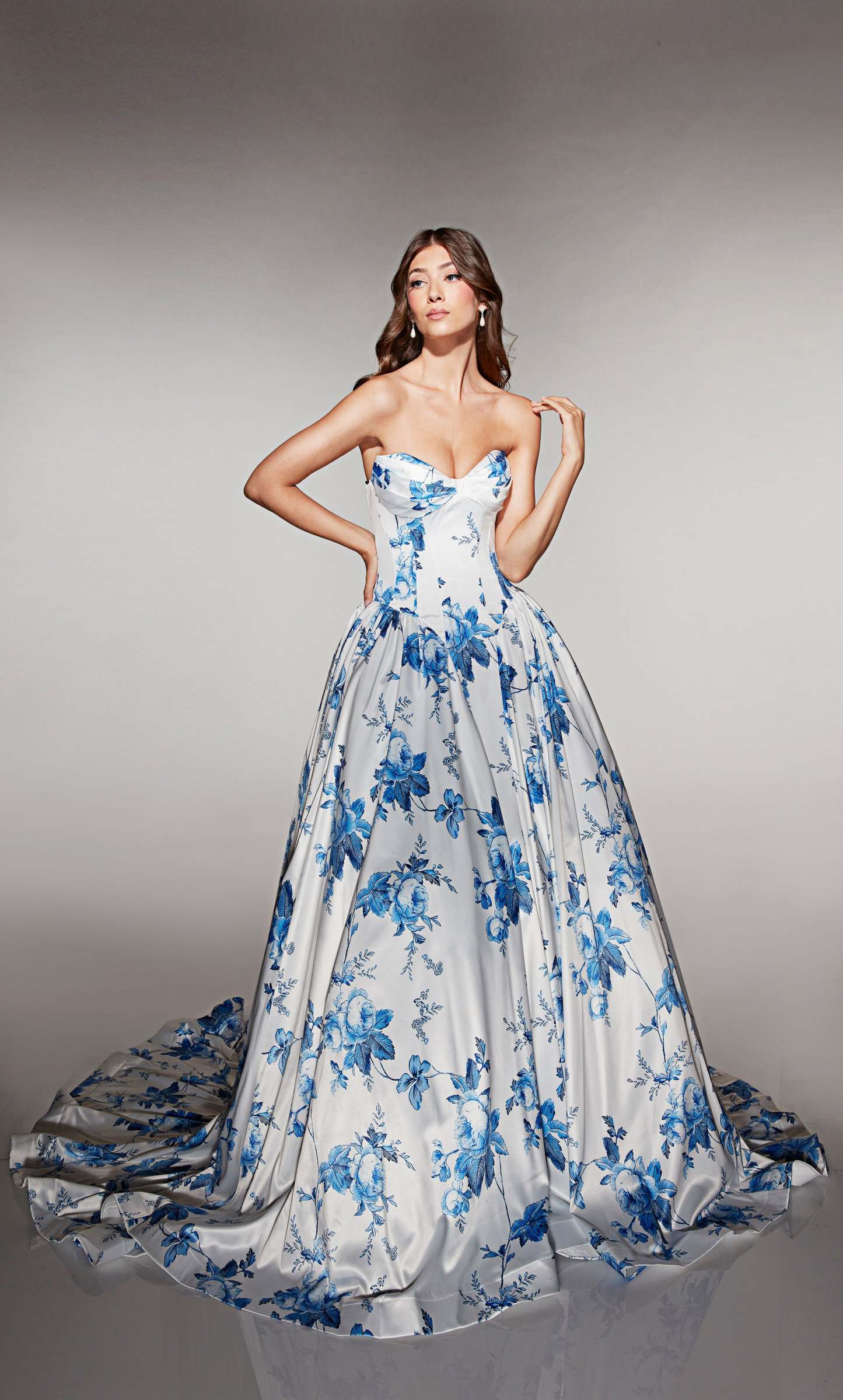 Ball Gown Cat-eye Neck Satin Print Pockets Prom Dress #62026