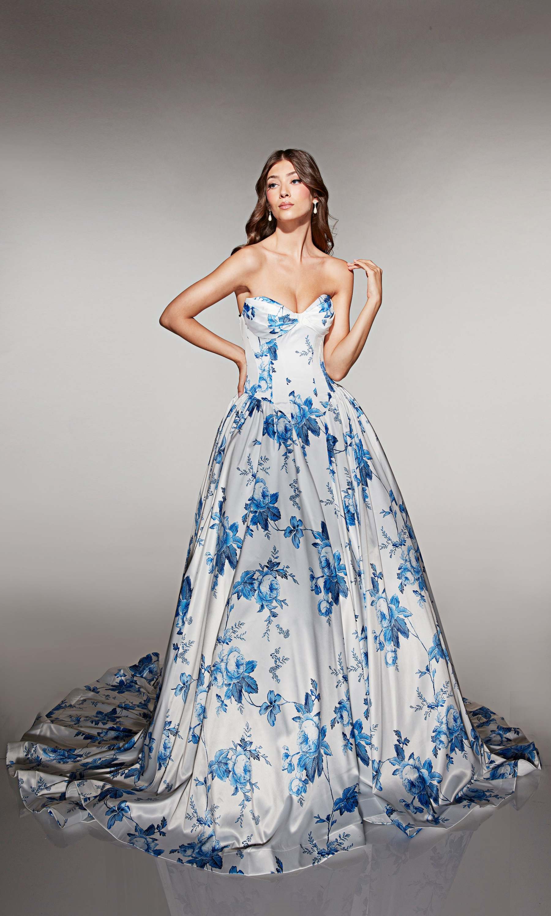 Ball Gown Cat-eye Neck Satin Print Pockets Prom Dress #62026